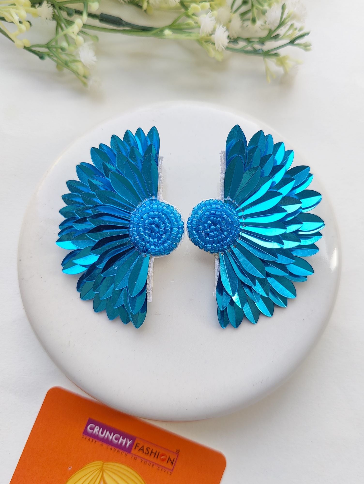 Shimmering Sea Blue Half-Blossom Handcrafted Beadwork Studs