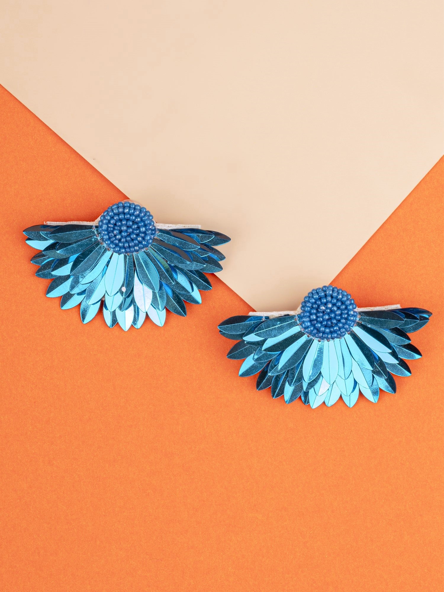 Shimmering Sea Blue Half-Blossom Handcrafted Beadwork Studs