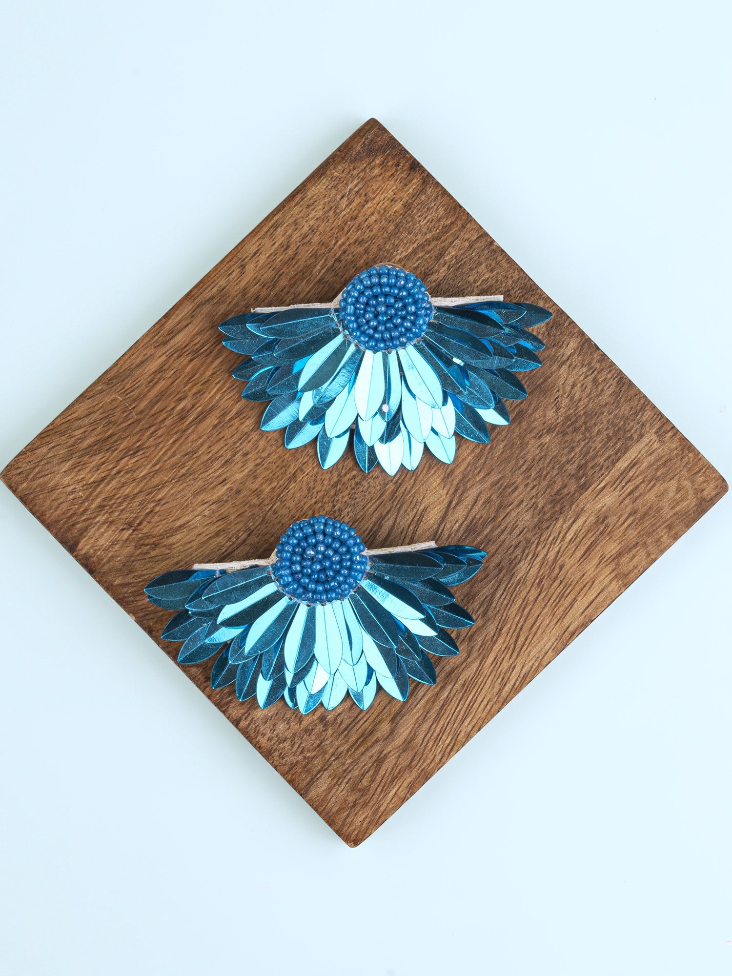 Shimmering Sea Blue Half-Blossom Handcrafted Beadwork Studs