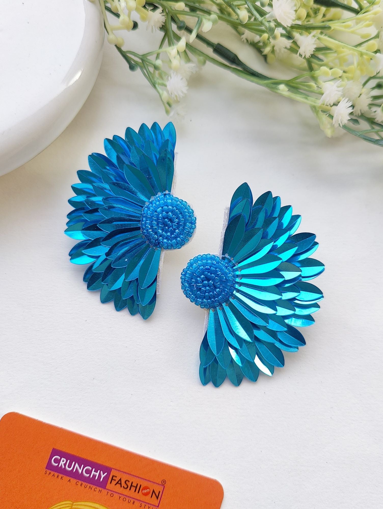 Shimmering Sea Blue Half-Blossom Handcrafted Beadwork Studs