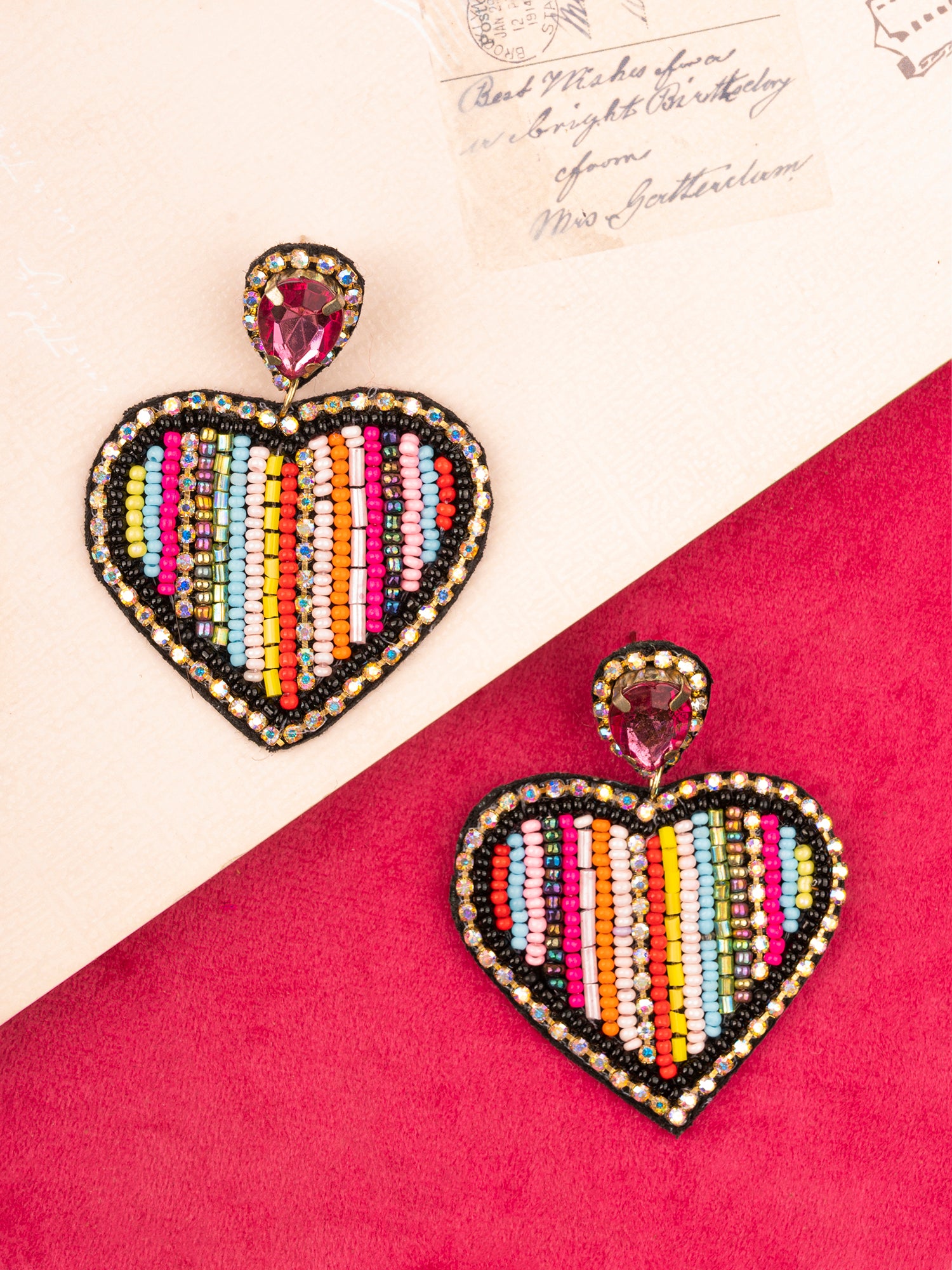 Vibrant Love Cascade: Handcrafted Multi-Color Beaded Heart Earrings for Women & Girls