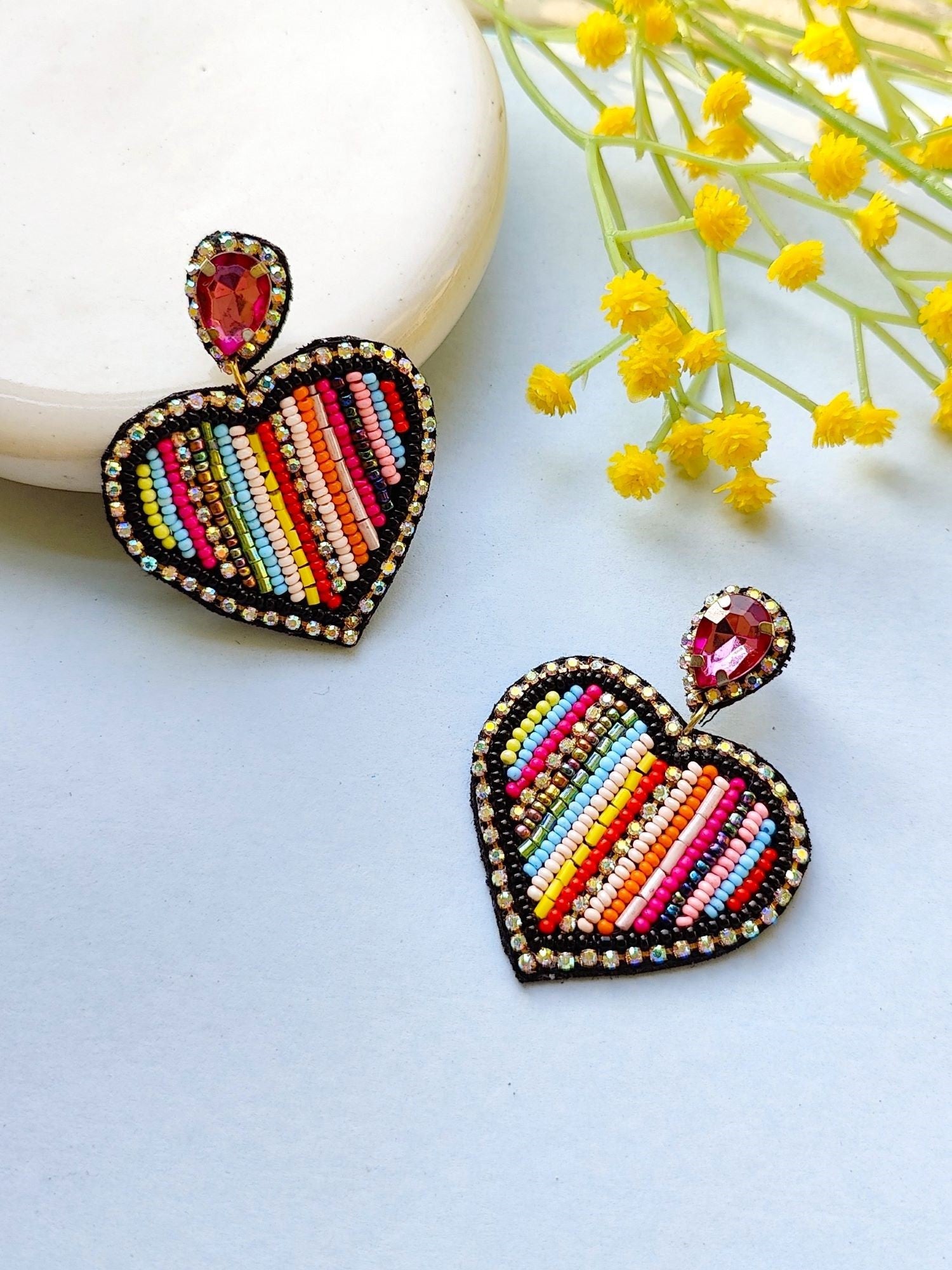 Vibrant Love Cascade: Handcrafted Multi-Color Beaded Heart Earrings for Women & Girls