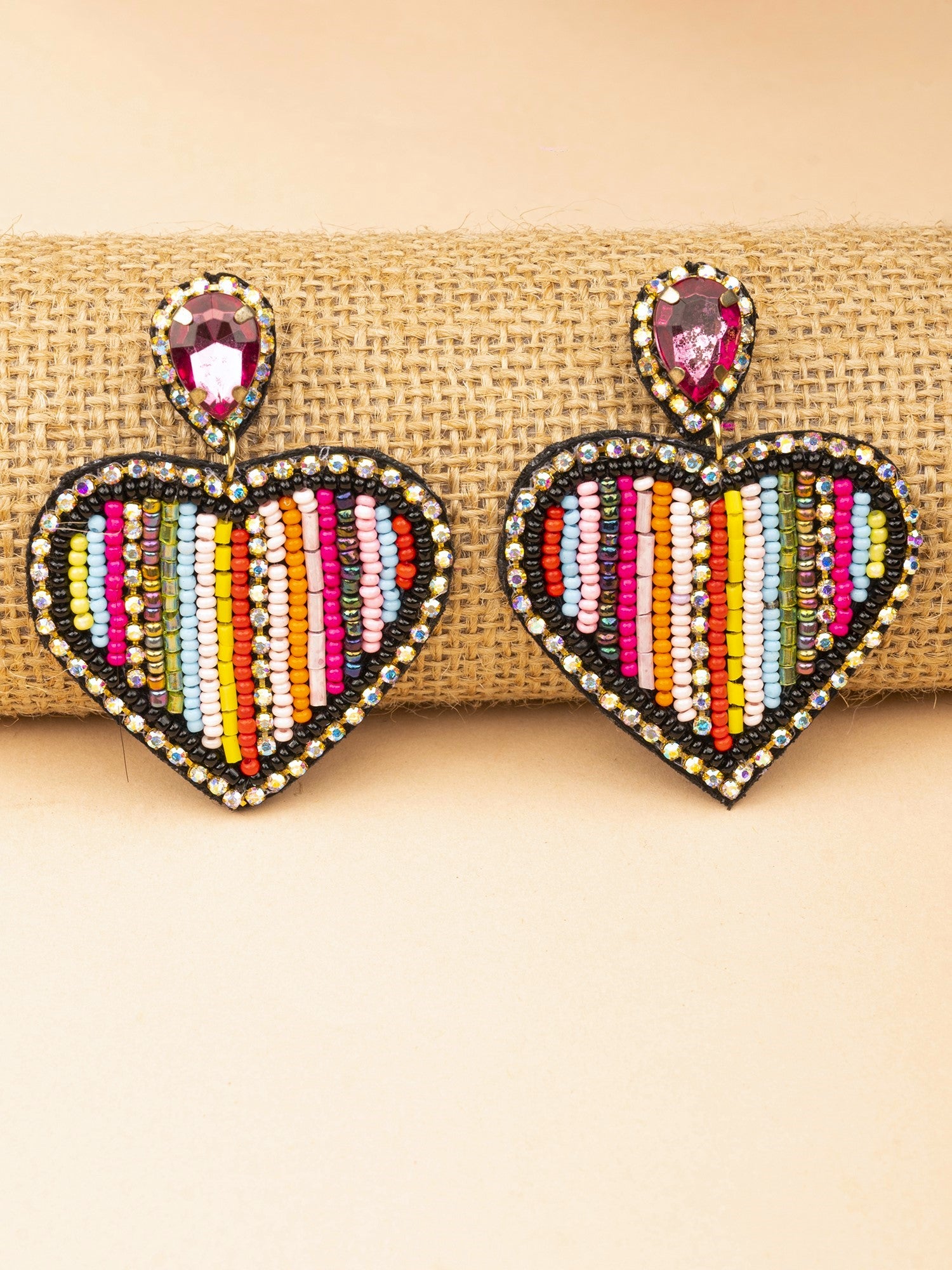 Vibrant Love Cascade: Handcrafted Multi-Color Beaded Heart Earrings for Women & Girls