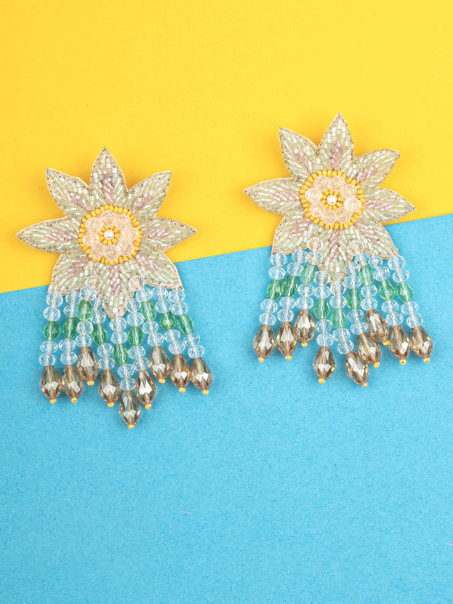 Crystal Bloom: Handcrafted Lime Green Floral Drop Earrings