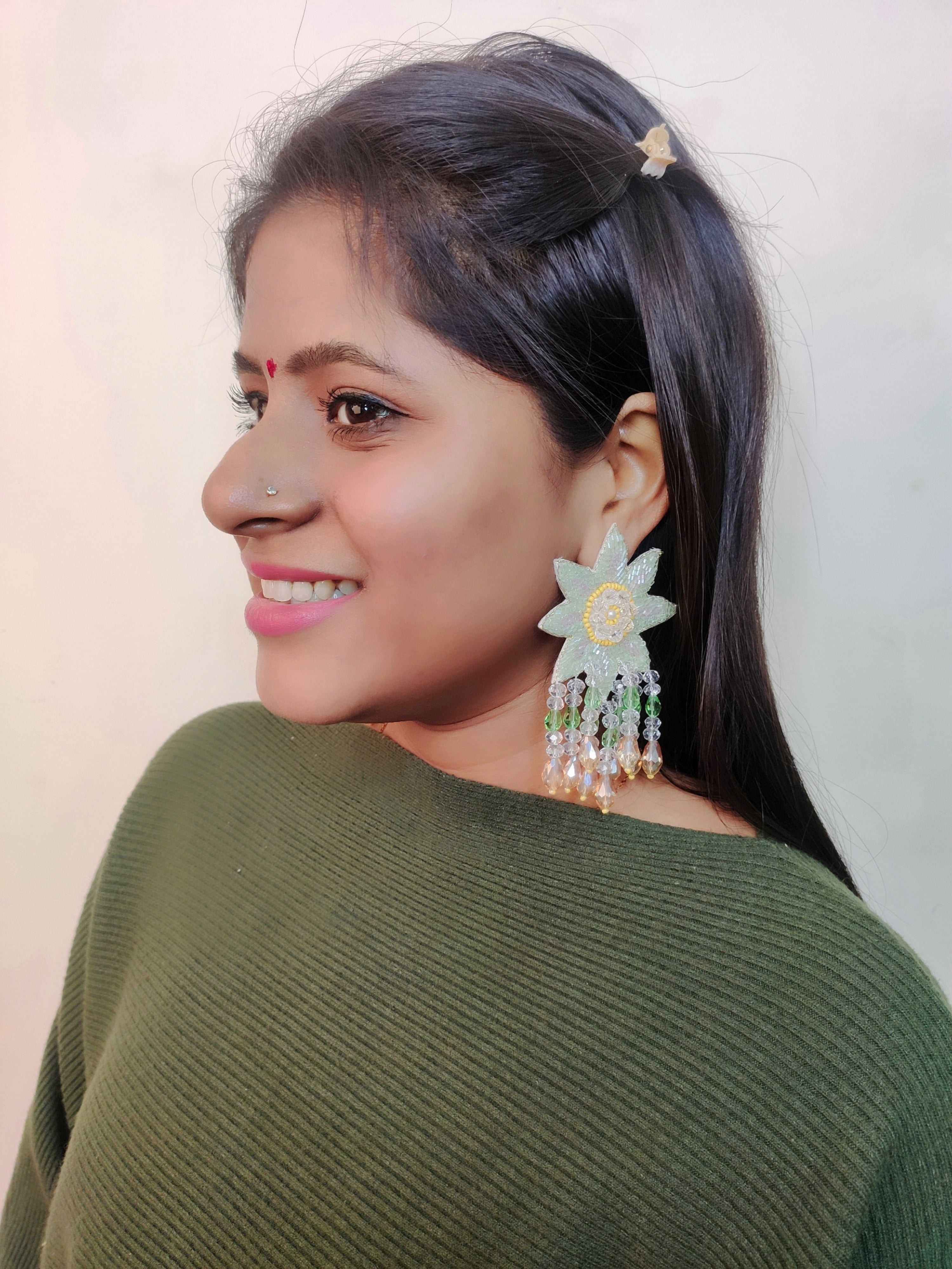 Crystal Bloom: Handcrafted Lime Green Floral Drop Earrings