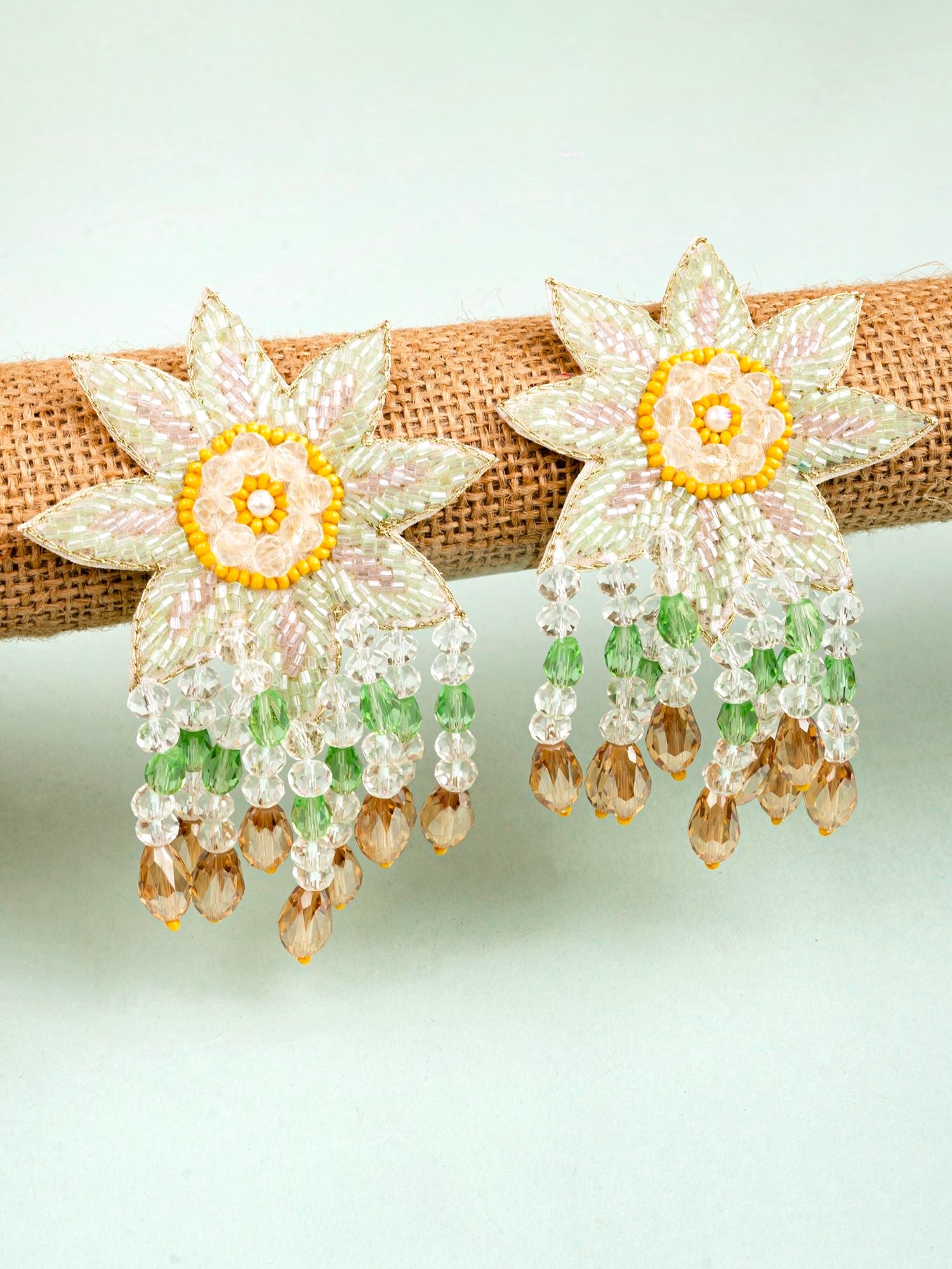 Crystal Bloom: Handcrafted Lime Green Floral Drop Earrings