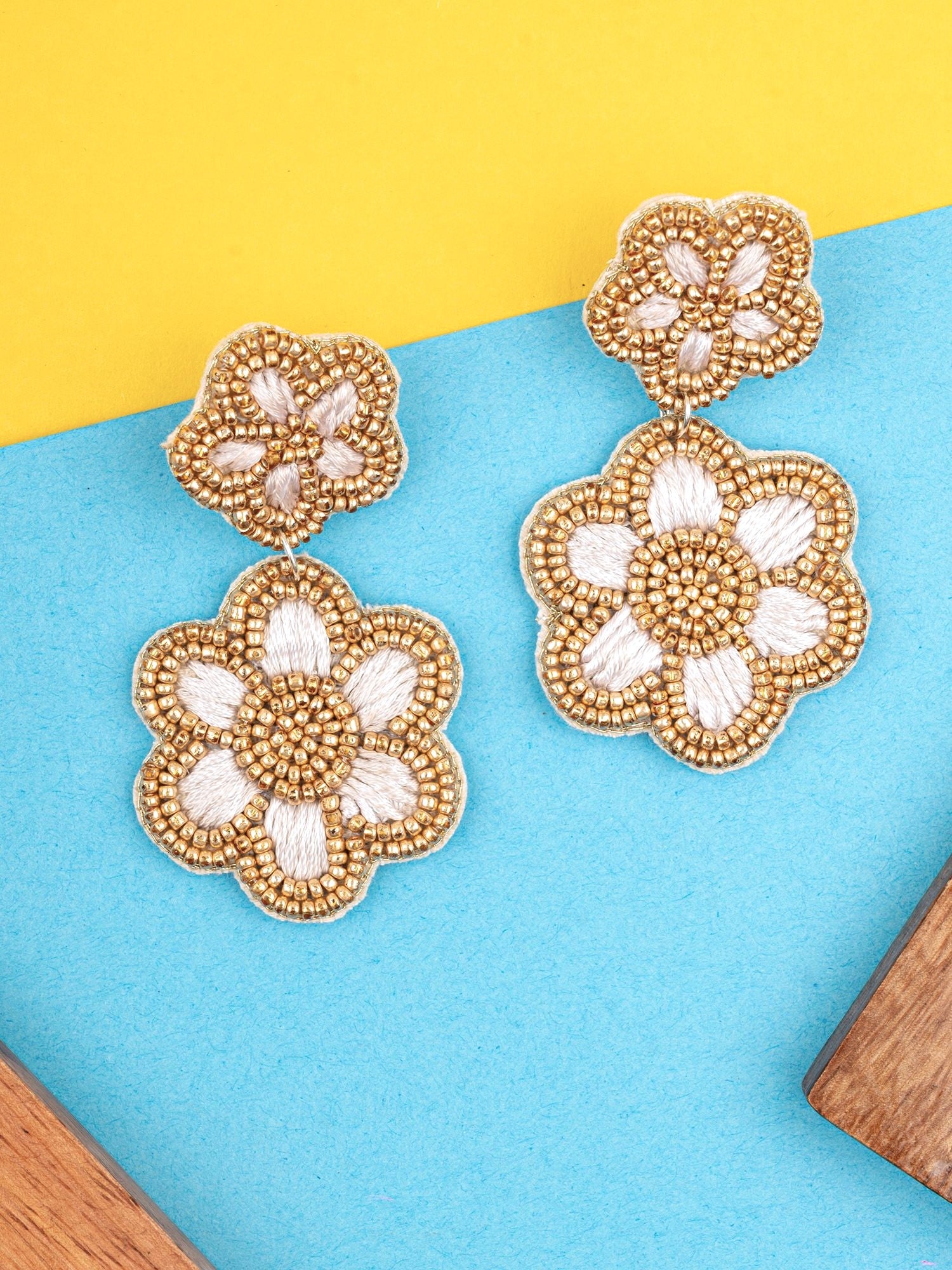 Golden Grace: Handmade Ivory-Gold Beaded Floral Stud Earrings for Women & Girls