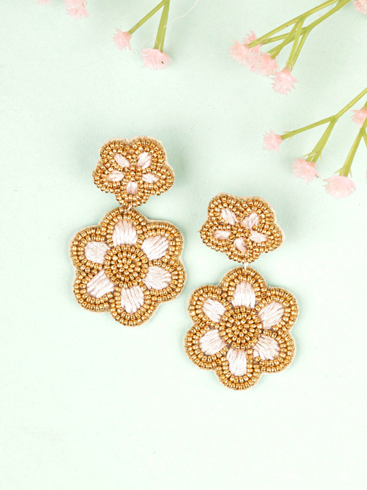 Golden Grace: Handmade Ivory-Gold Beaded Floral Stud Earrings for Women & Girls