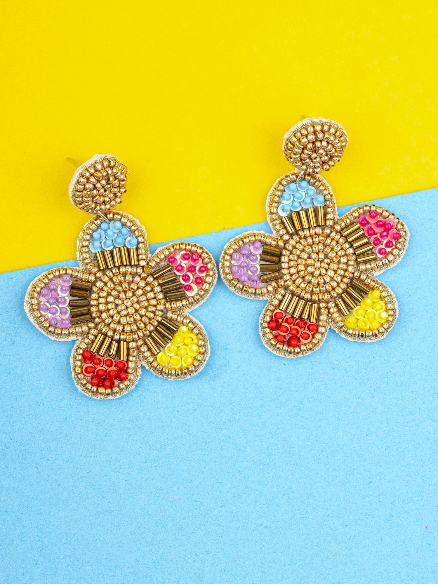 Sunshine Aura Multicolor Handmade Beaded Flower Earrings