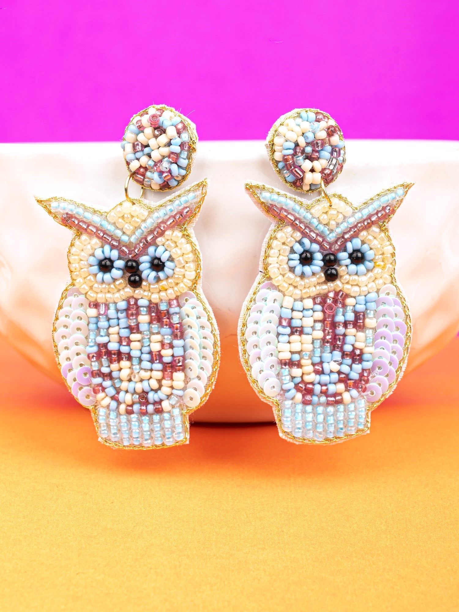 Quirky Owl Charm: Blue Beaded Handmade Earrings for Women and Girls