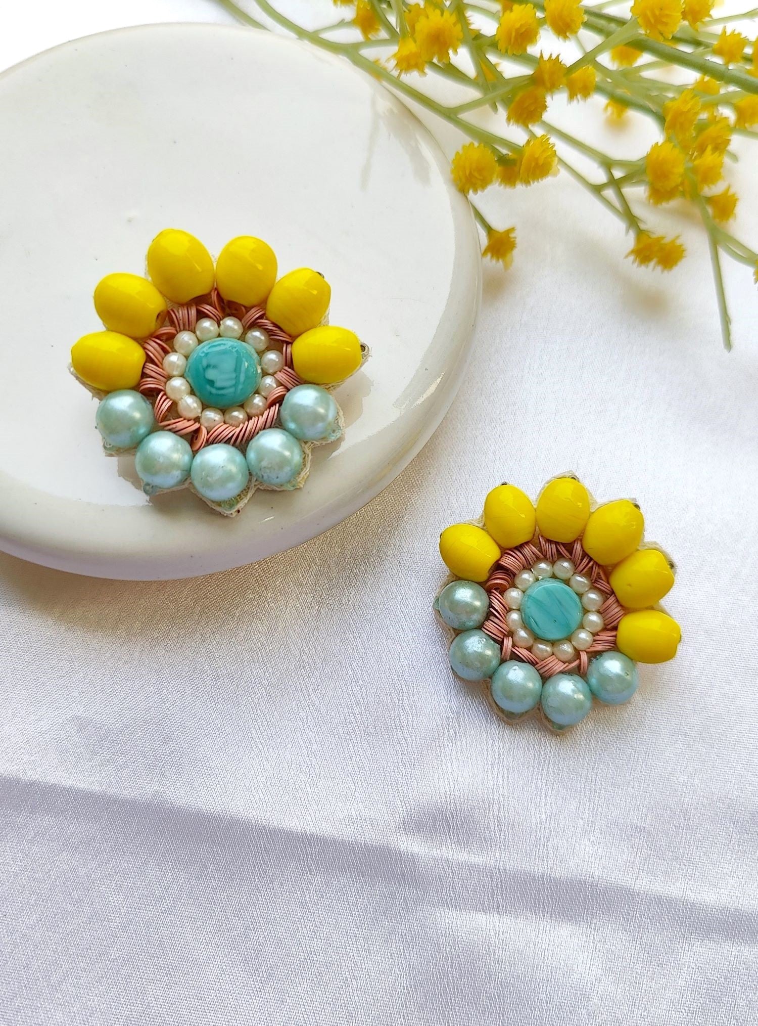 Blossoming Yellow Bloom: Handcrafted Beaded Stud Earrings