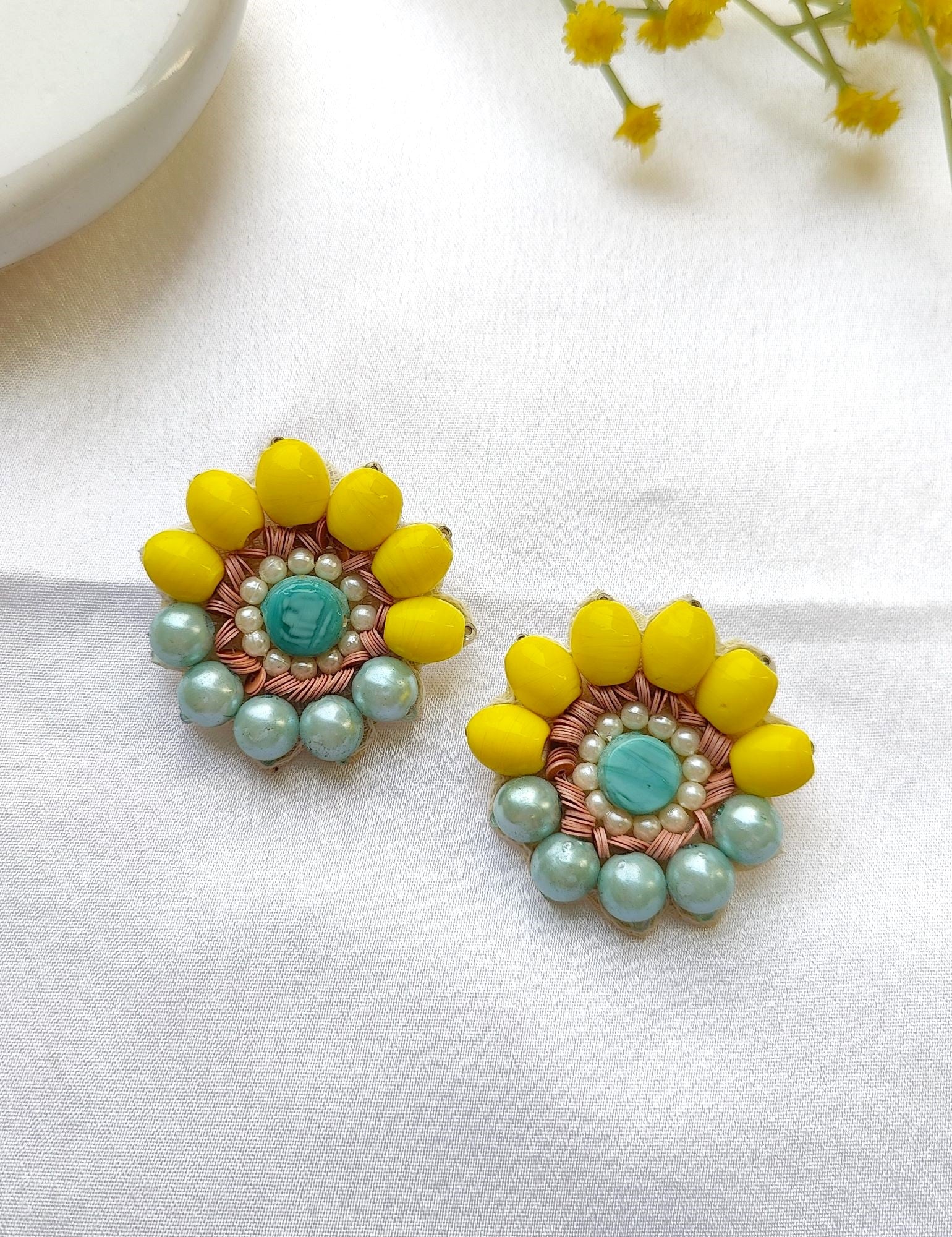 Blossoming Yellow Bloom: Handcrafted Beaded Stud Earrings