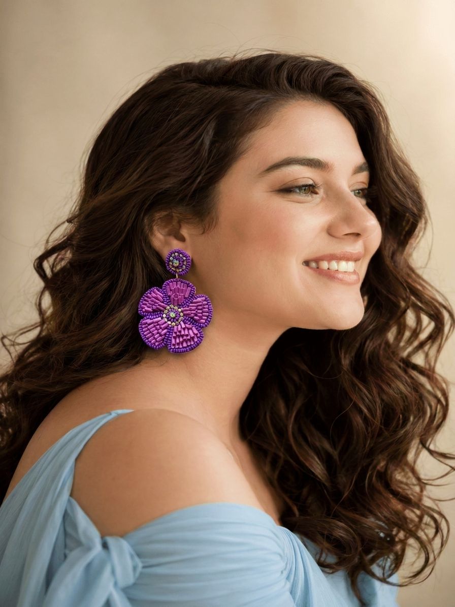 Purple Bloom Handcrafted Beaded Flower Earrings for Fashionable Women & Girls