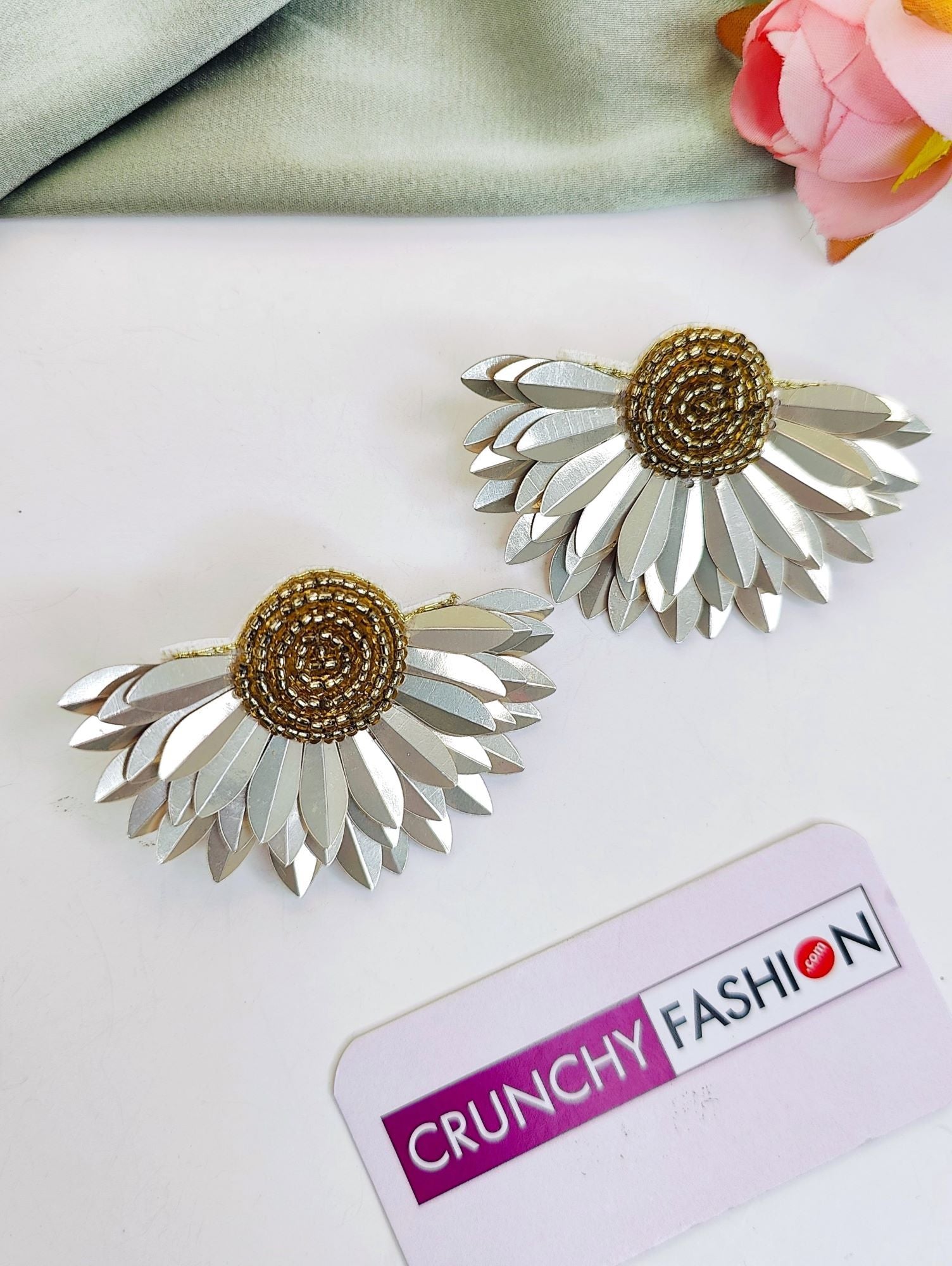 Metallic Half Flower Beaded Handmade Earrings, perfect for Haldi Mehndi events, ideal for Women and Girls