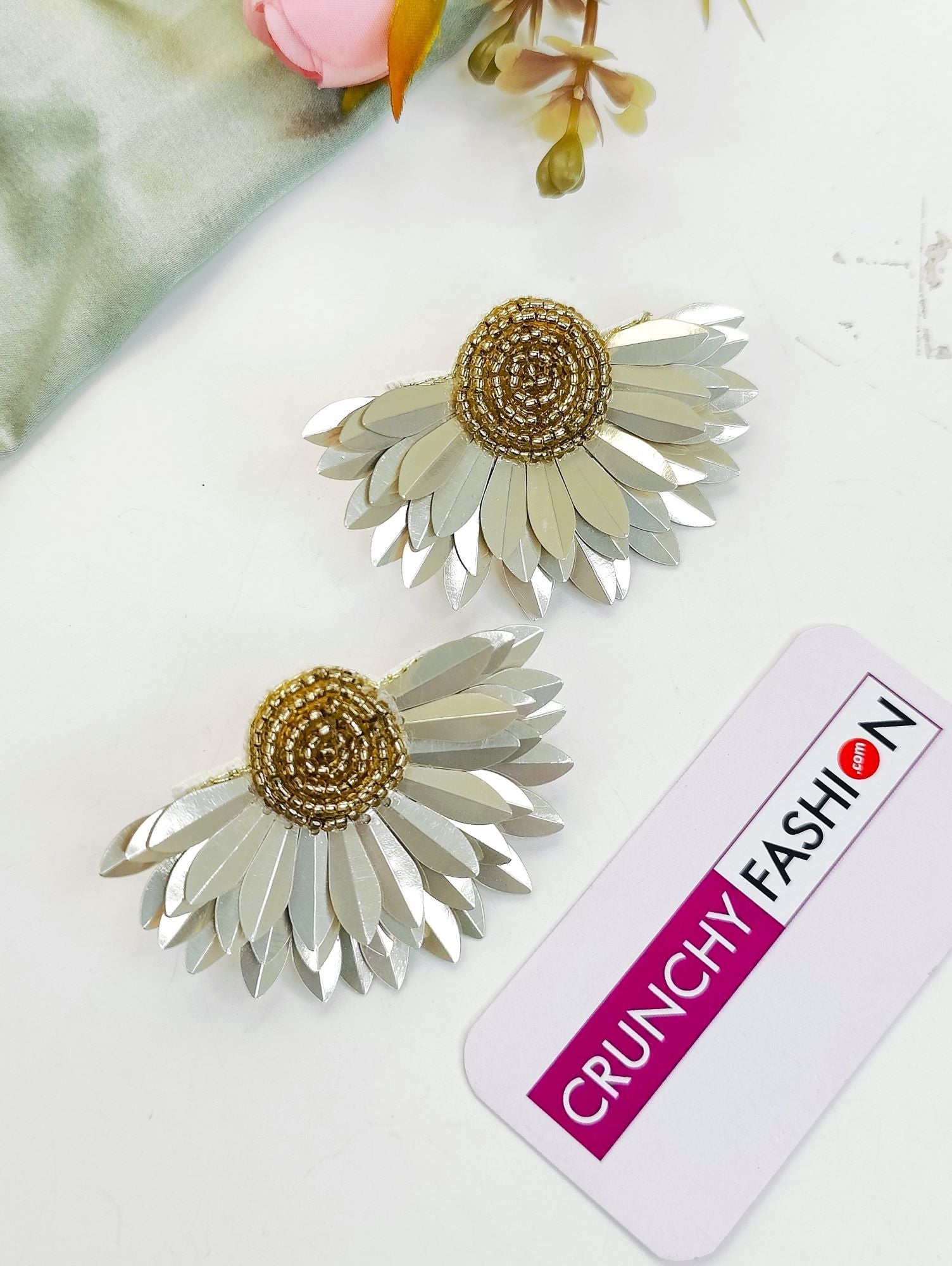 Metallic Half Flower Beaded Handmade Earrings, perfect for Haldi Mehndi events, ideal for Women and Girls