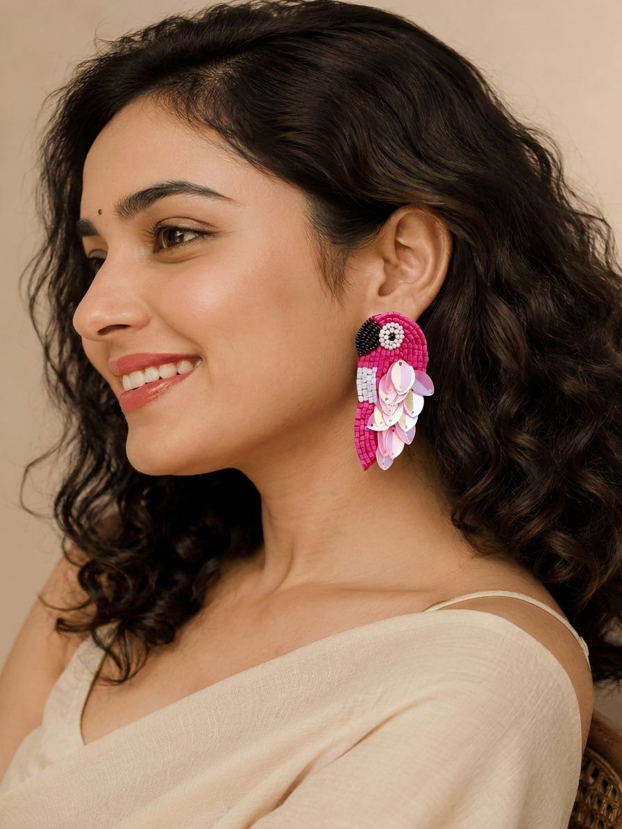 Pink Quirky Beaded Drop Bird Earrings for Women & Girls, Handmade Statement