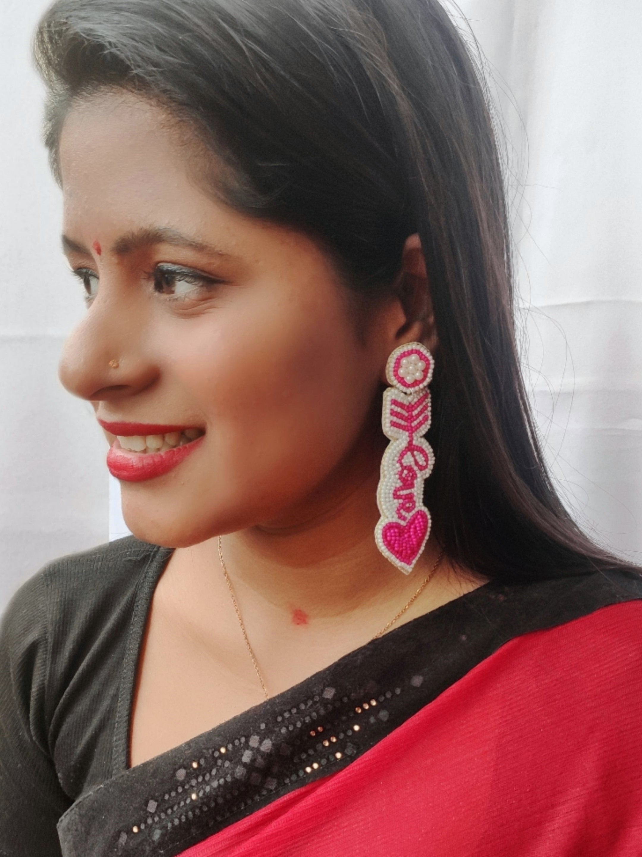 Handcrafted Cupid Hearts: Red & White Bohemian Stud Earrings for Valentine’s Day