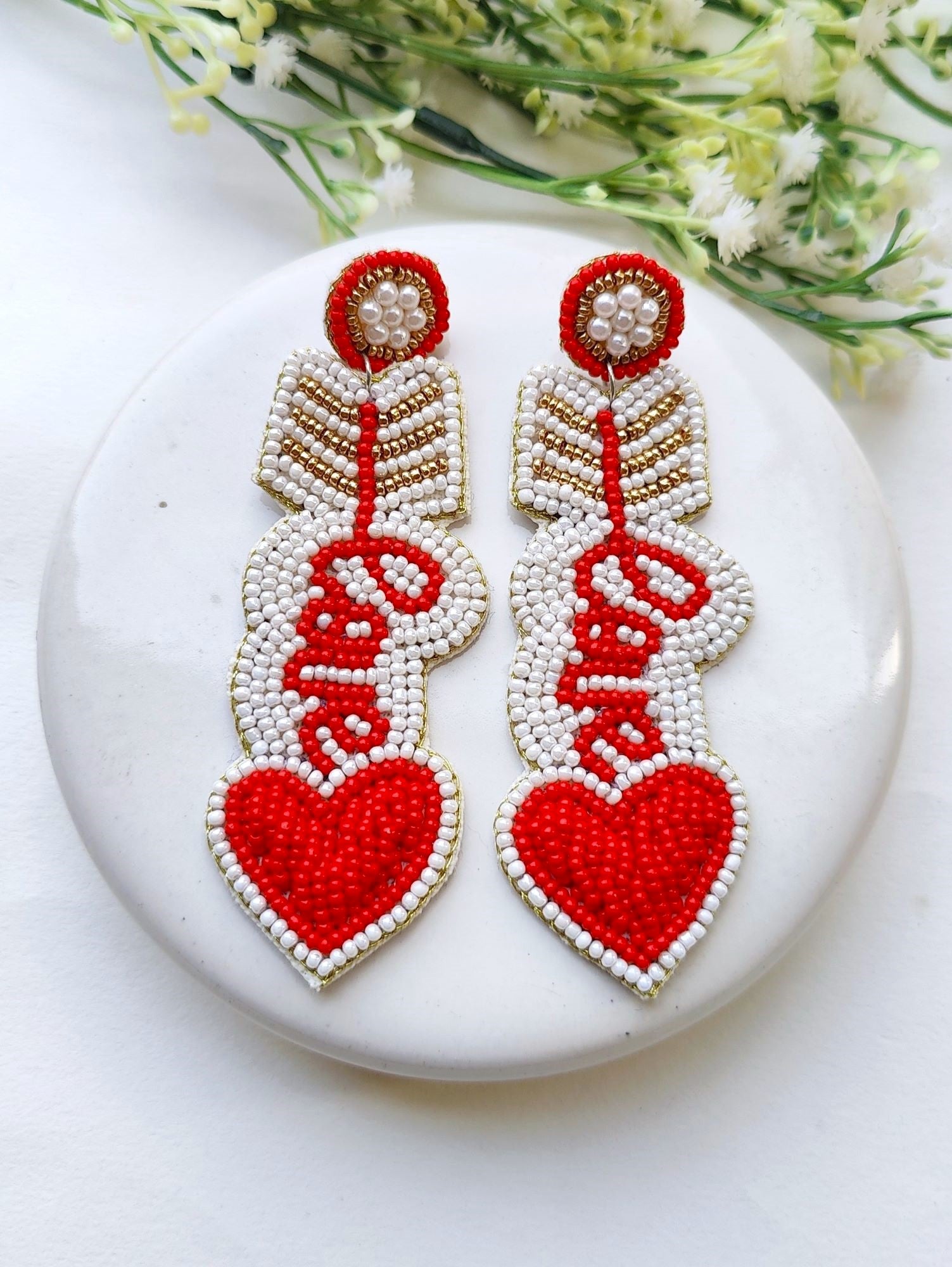 Chic Valentine: Handcrafted Pink & White Heart-Themed Beaded Studs