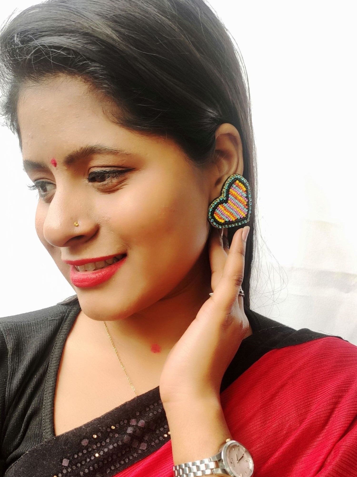 Multicolored Heart Delight: Handmade Beaded Stud Earrings for Women - Perfect Valentine's Day Gift