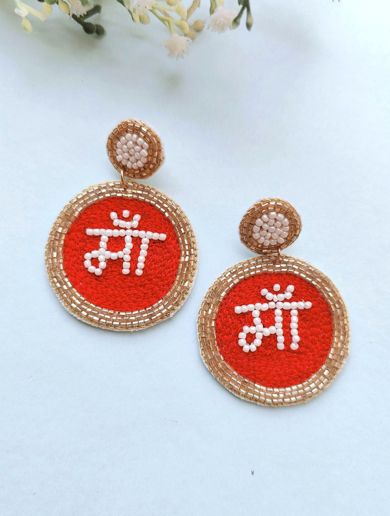 Handmade Maa earrings in red, ideal as gifts for women and girls suitable for everyday, date, or working day. Unique drop and dangler style, part of the handicraft collection.