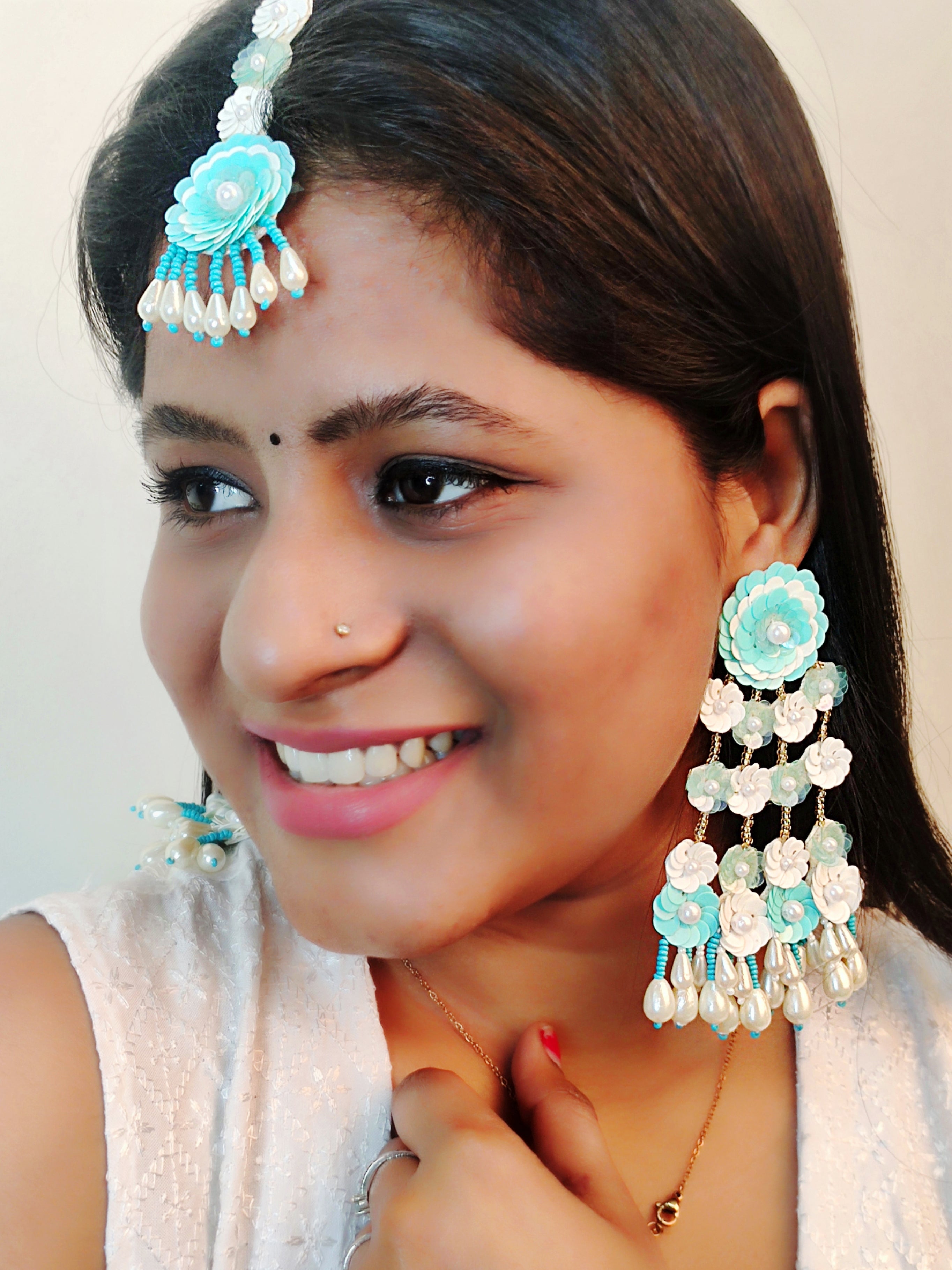 Handcrafted Blue-White Beaded Earrings & Tikka Set: Antique Design for Weddings & Parties