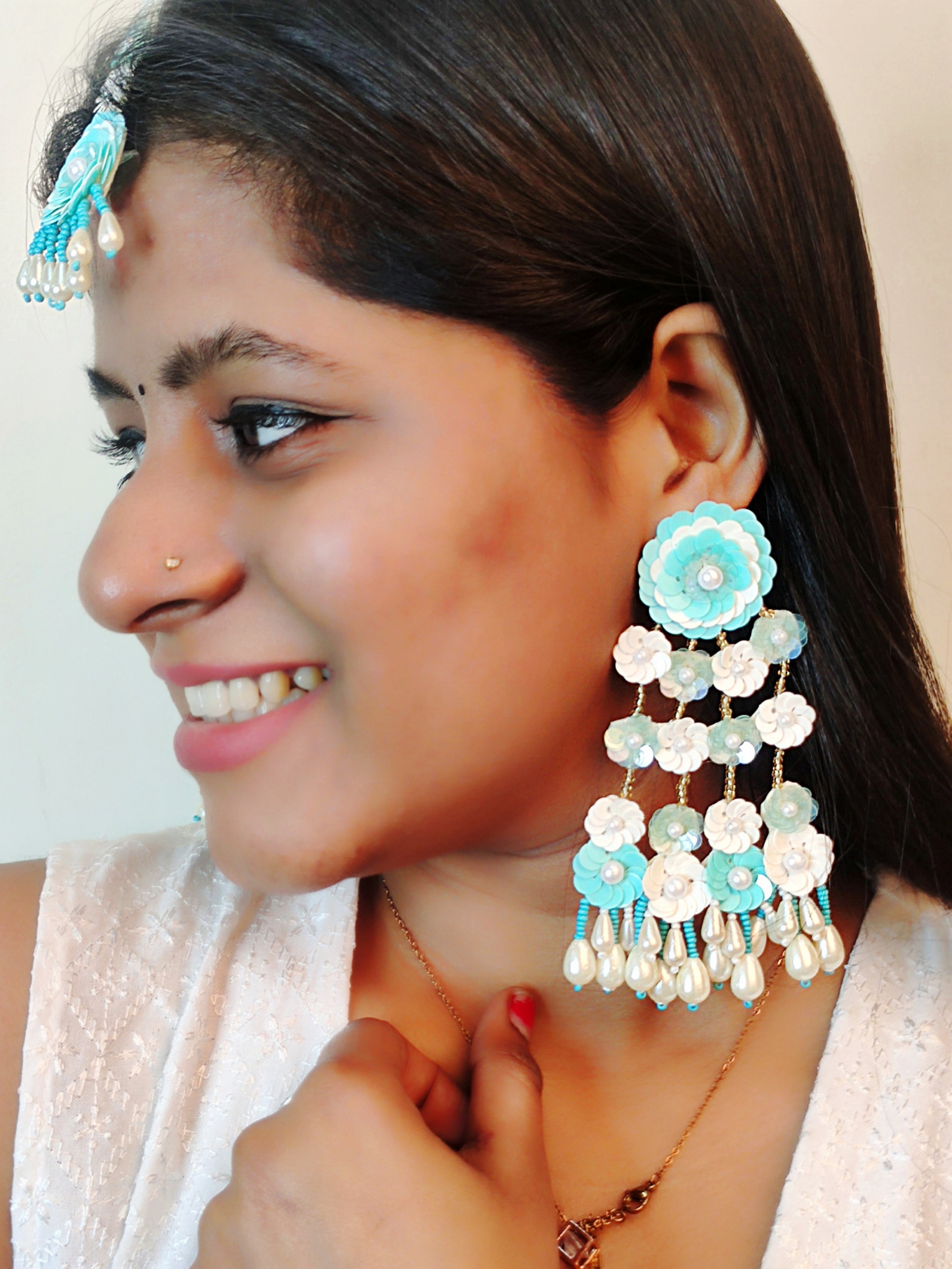 Handcrafted Blue-White Beaded Earrings & Tikka Set: Antique Design for Weddings & Parties