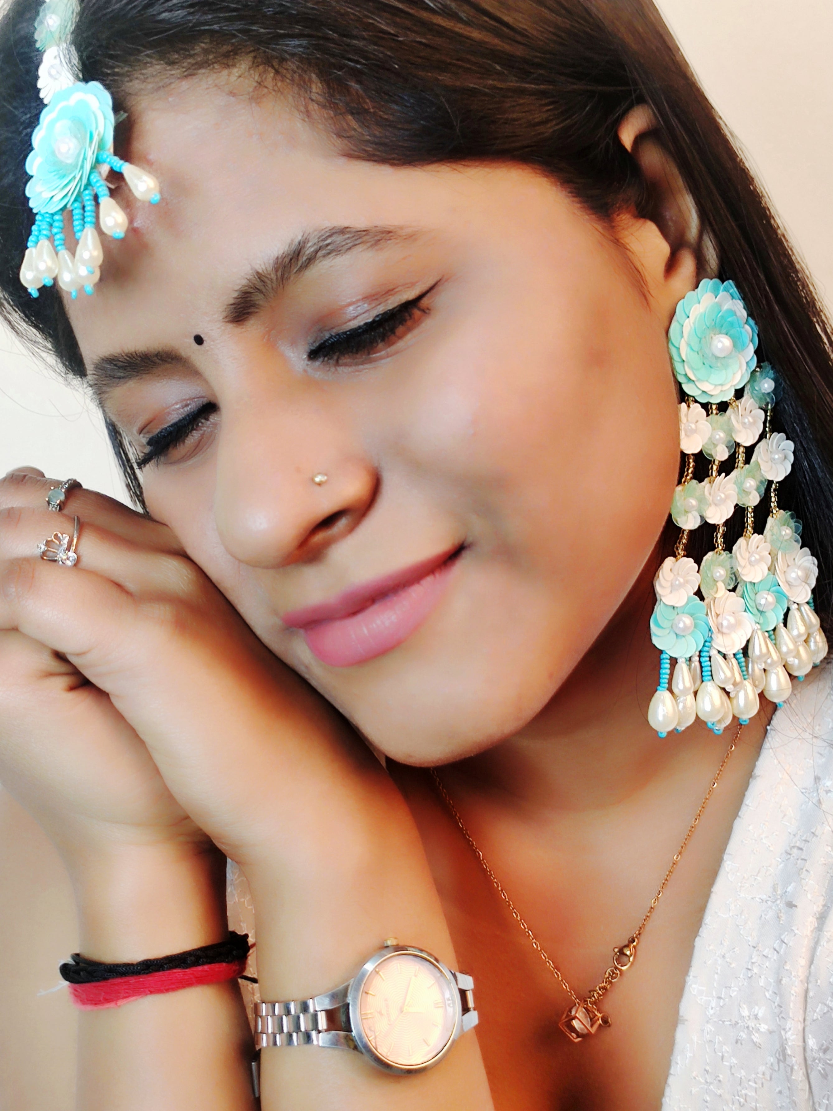 Handcrafted Blue-White Beaded Earrings & Tikka Set: Antique Design for Weddings & Parties