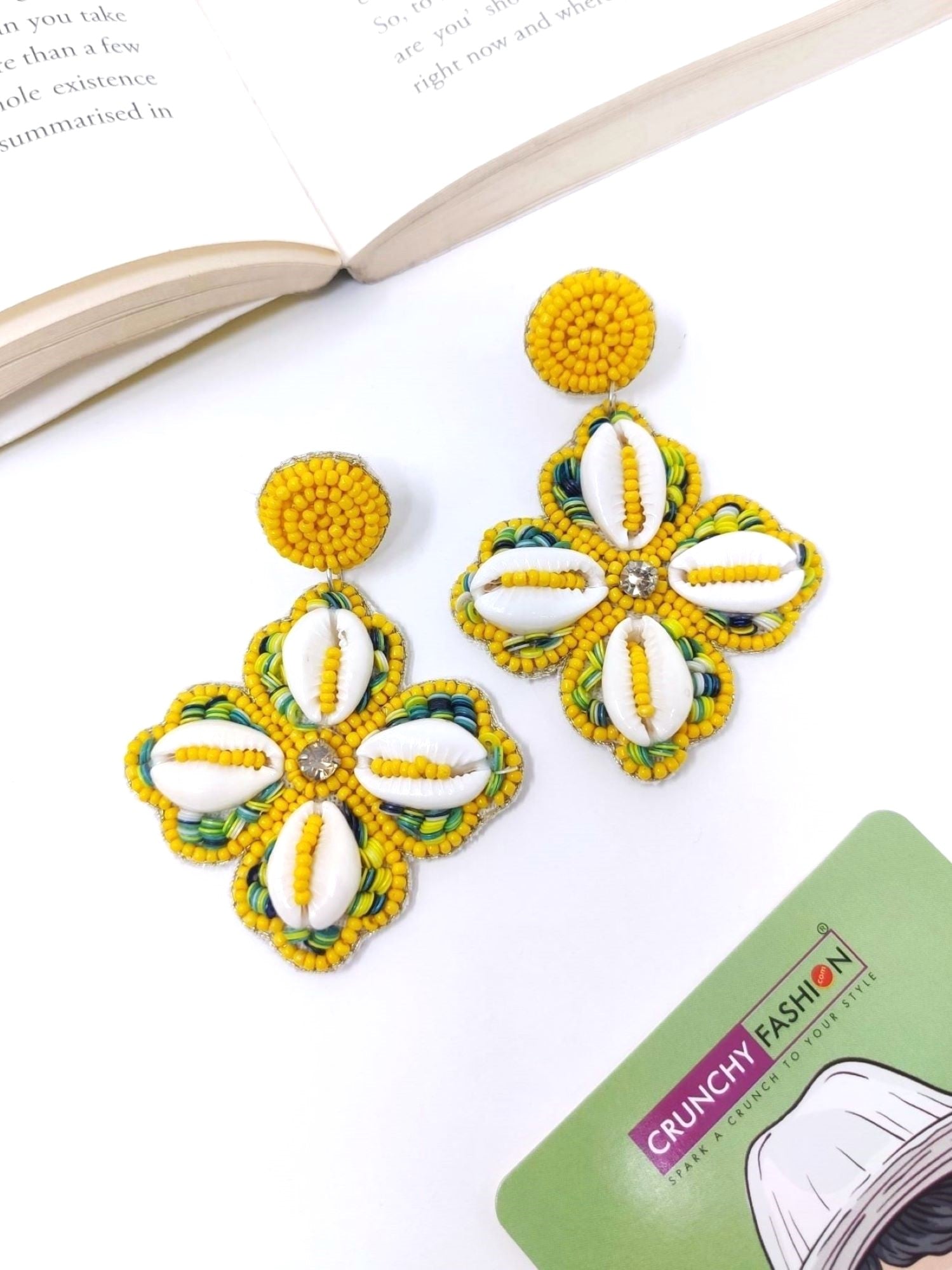 HANDICRAFT Pink Blossom & Cowrie Shell Dangling Earrings