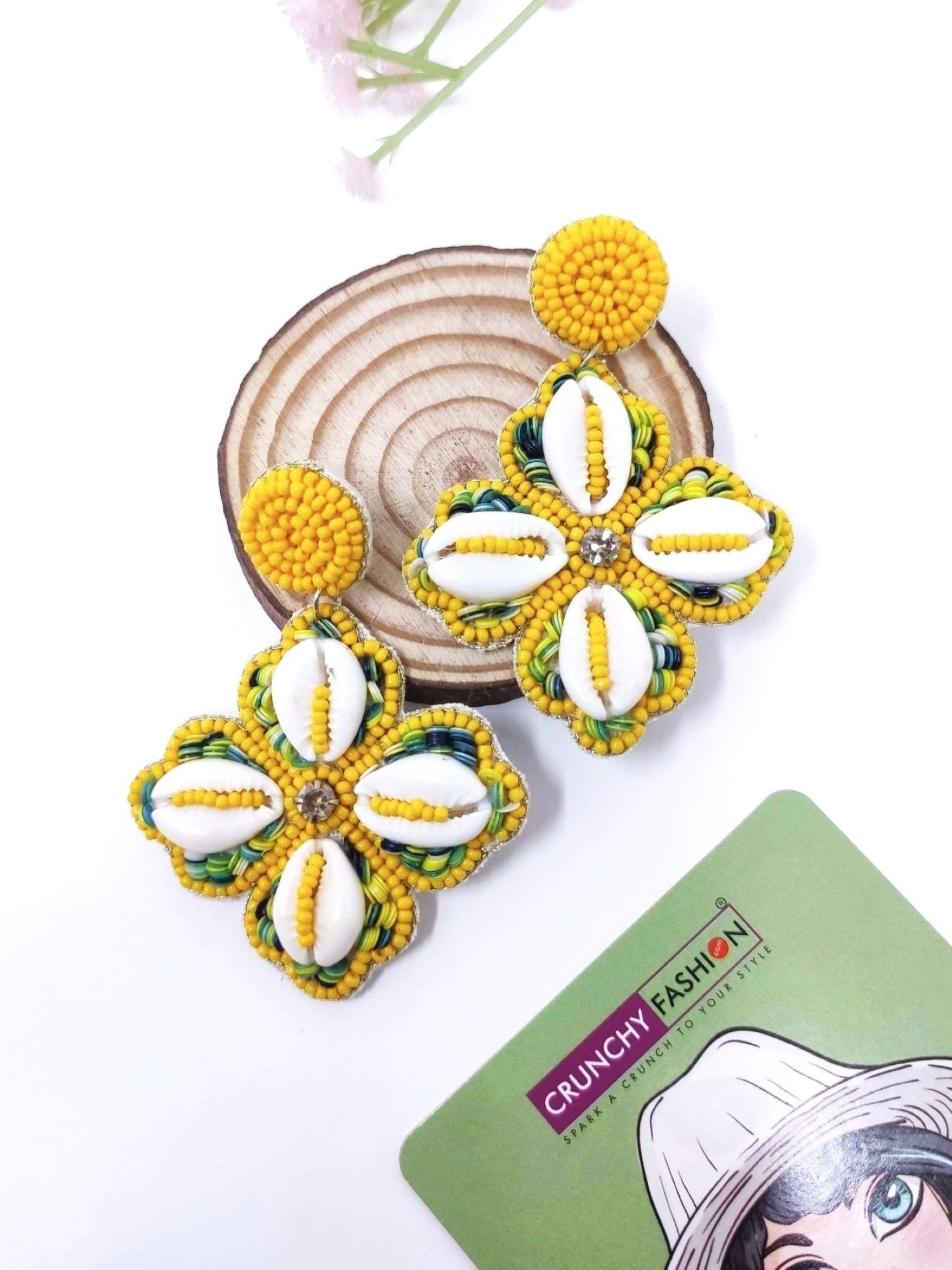 HANDICRAFT Pink Blossom & Cowrie Shell Dangling Earrings