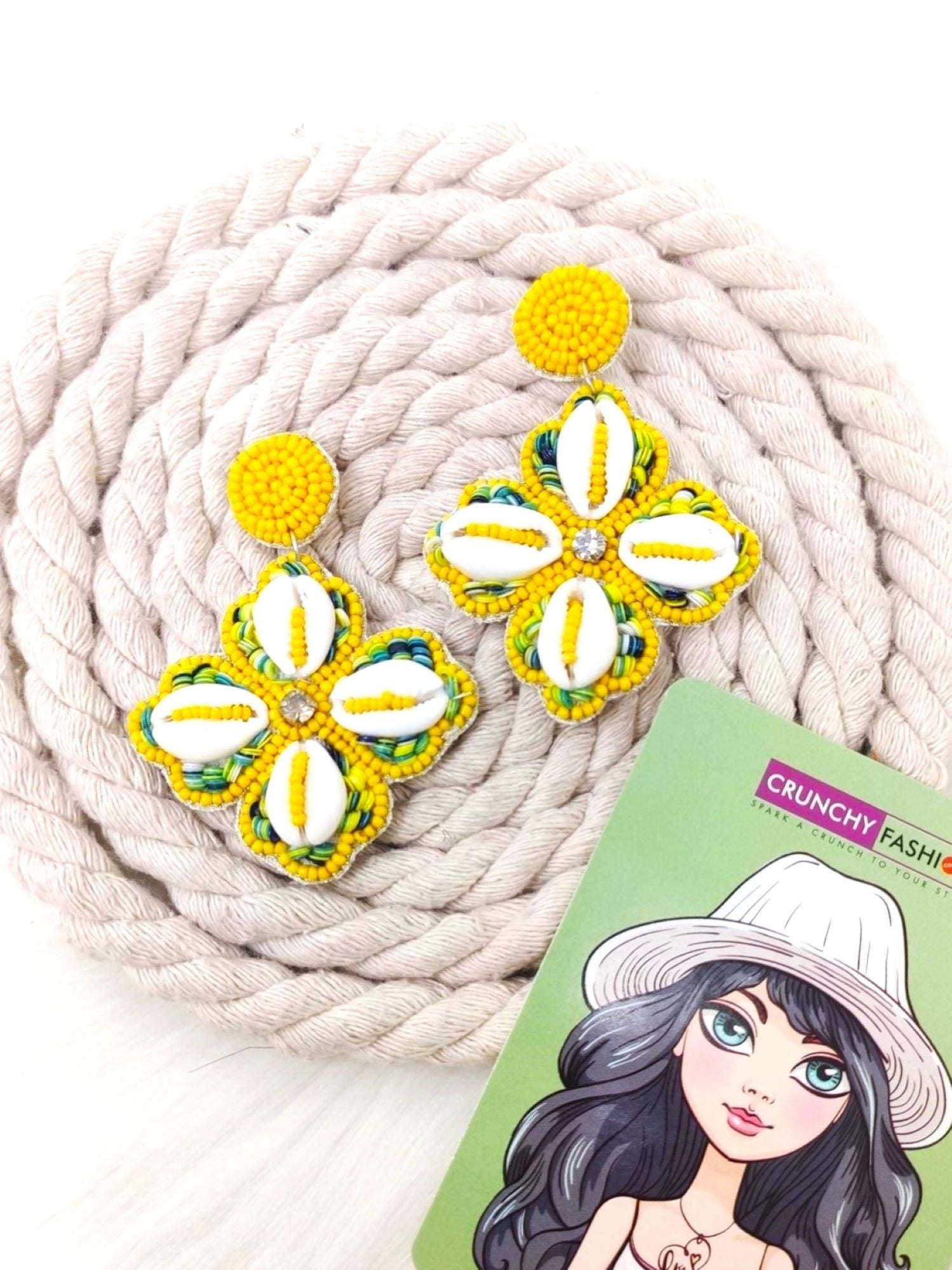 HANDICRAFT Pink Blossom & Cowrie Shell Dangling Earrings