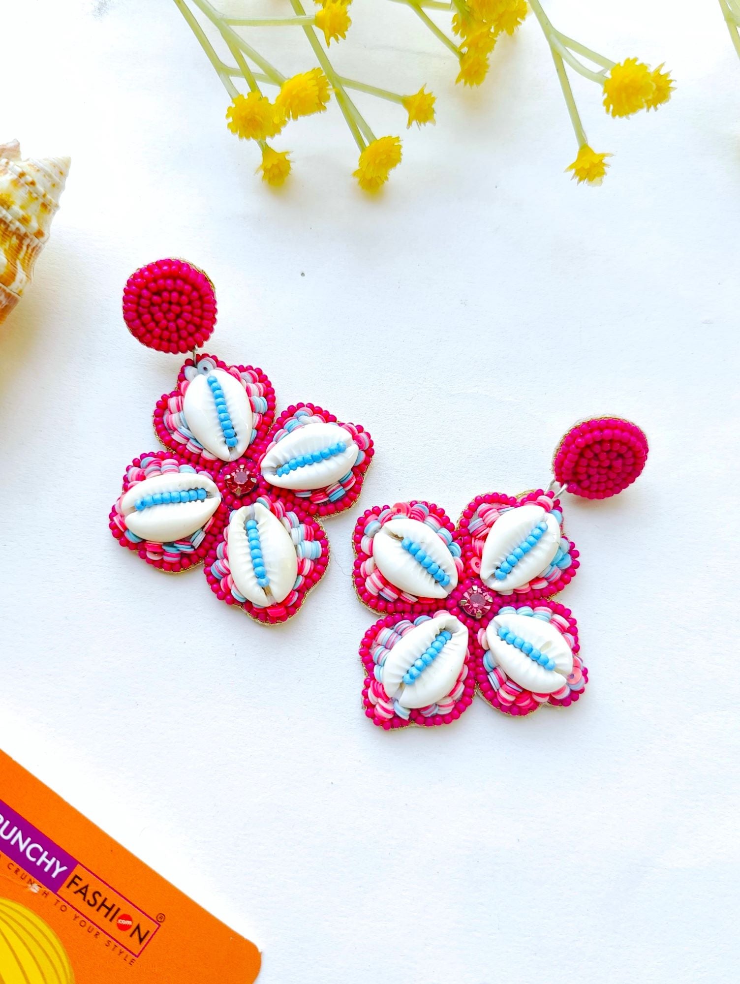 HANDICRAFT Pink Blossom & Cowrie Shell Dangling Earrings