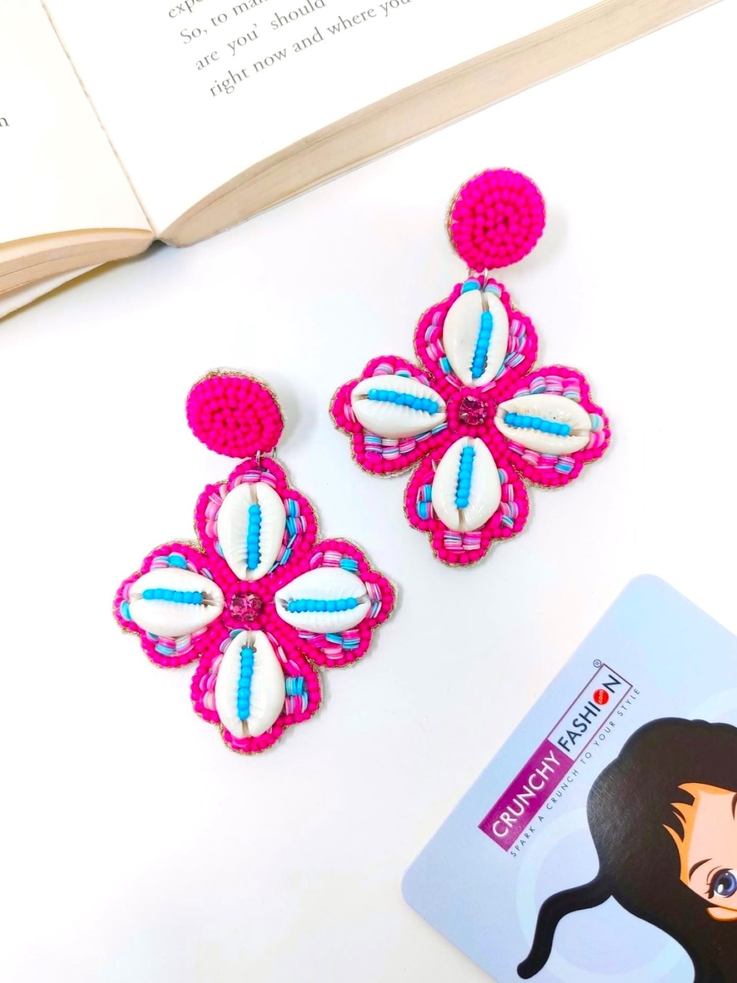 HANDICRAFT Pink Blossom & Cowrie Shell Dangling Earrings