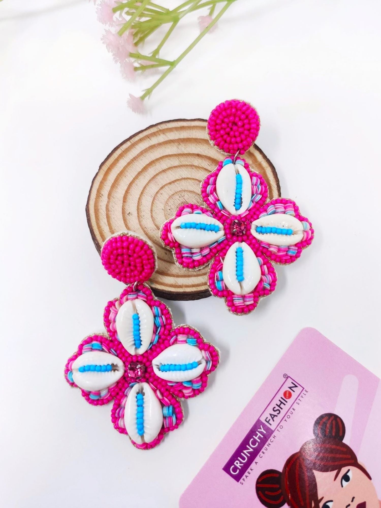 HANDICRAFT Pink Blossom & Cowrie Shell Dangling Earrings