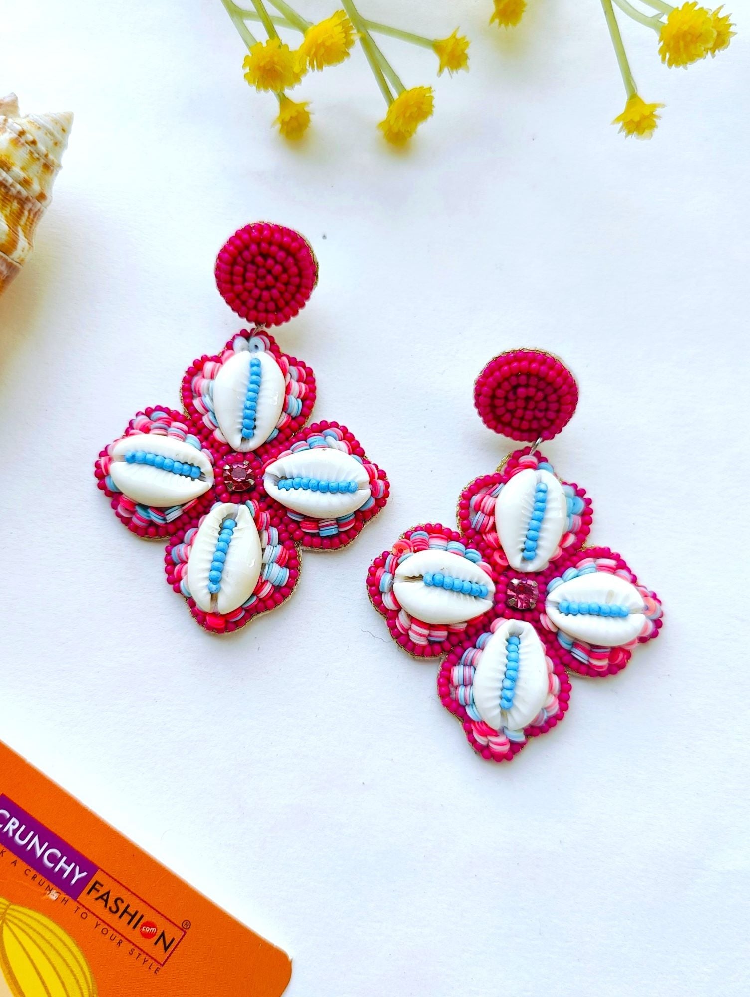HANDICRAFT Pink Blossom & Cowrie Shell Dangling Earrings