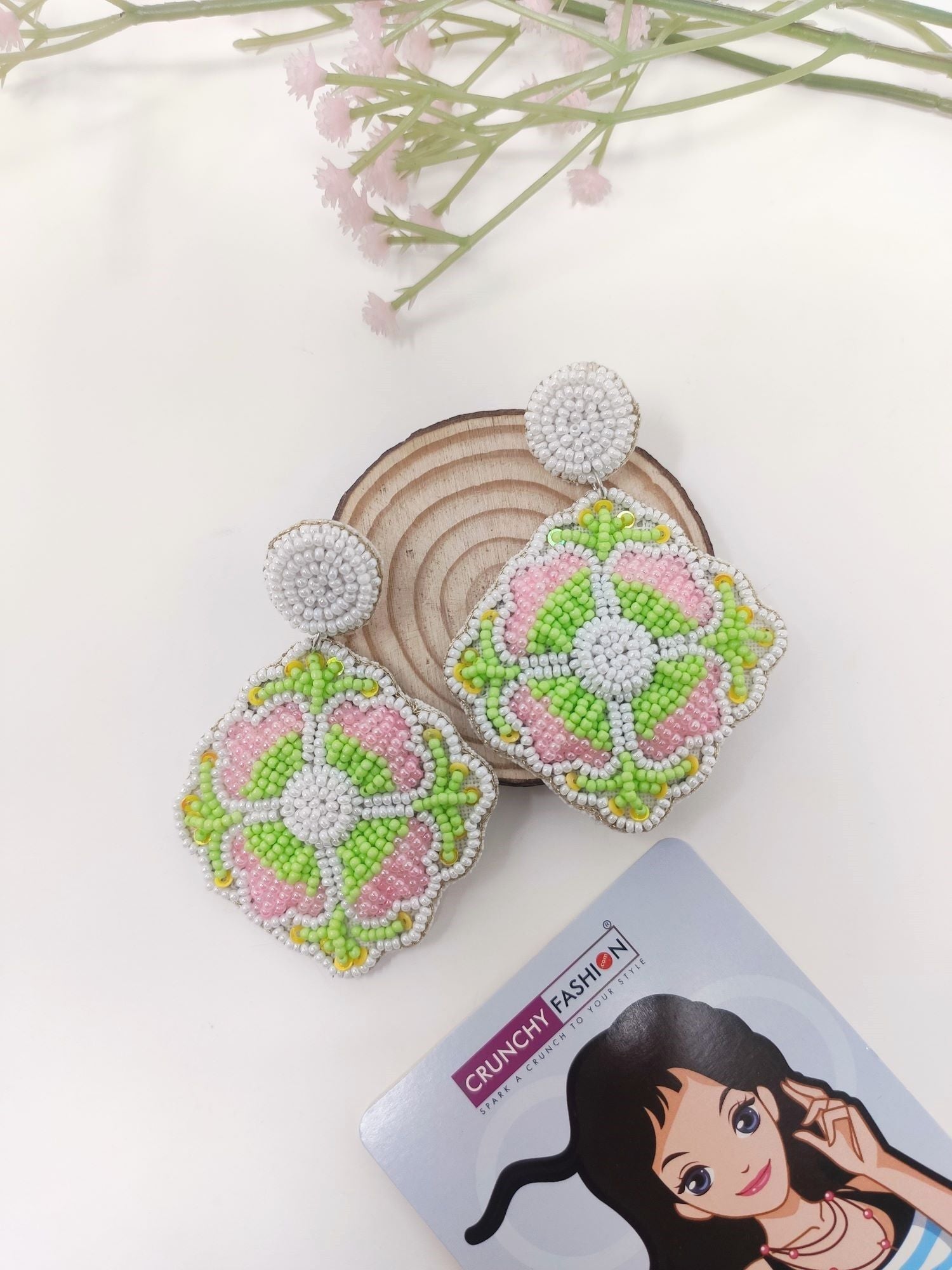 Vibrant Pink-Green Handmade Beaded Flower Earrings for Festive Celebrations