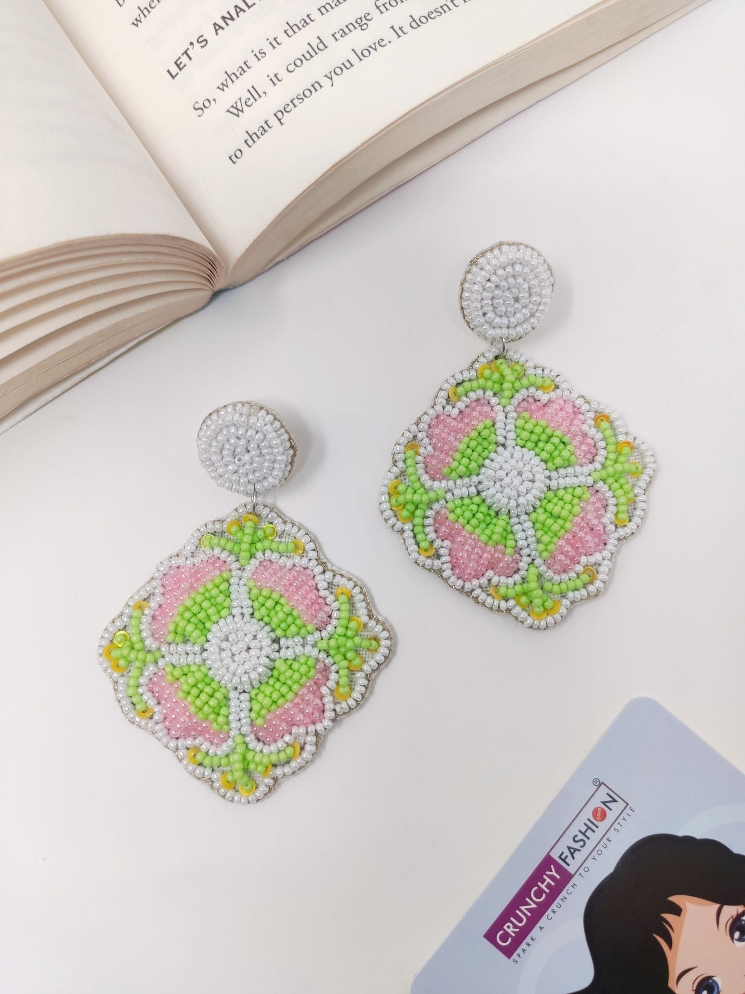 Vibrant Pink-Green Handmade Beaded Flower Earrings for Festive Celebrations