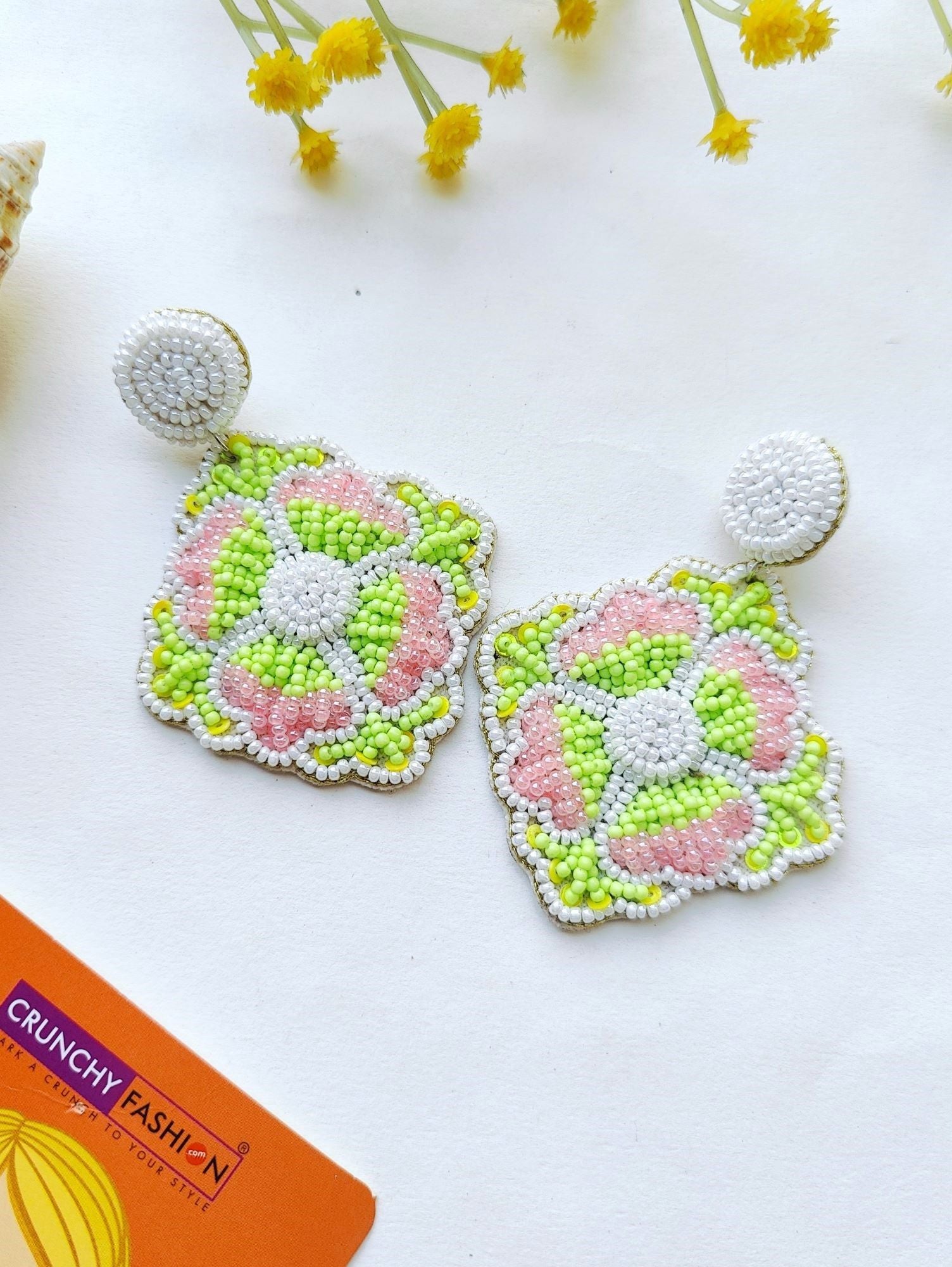 Vibrant Pink-Green Handmade Beaded Flower Earrings for Festive Celebrations