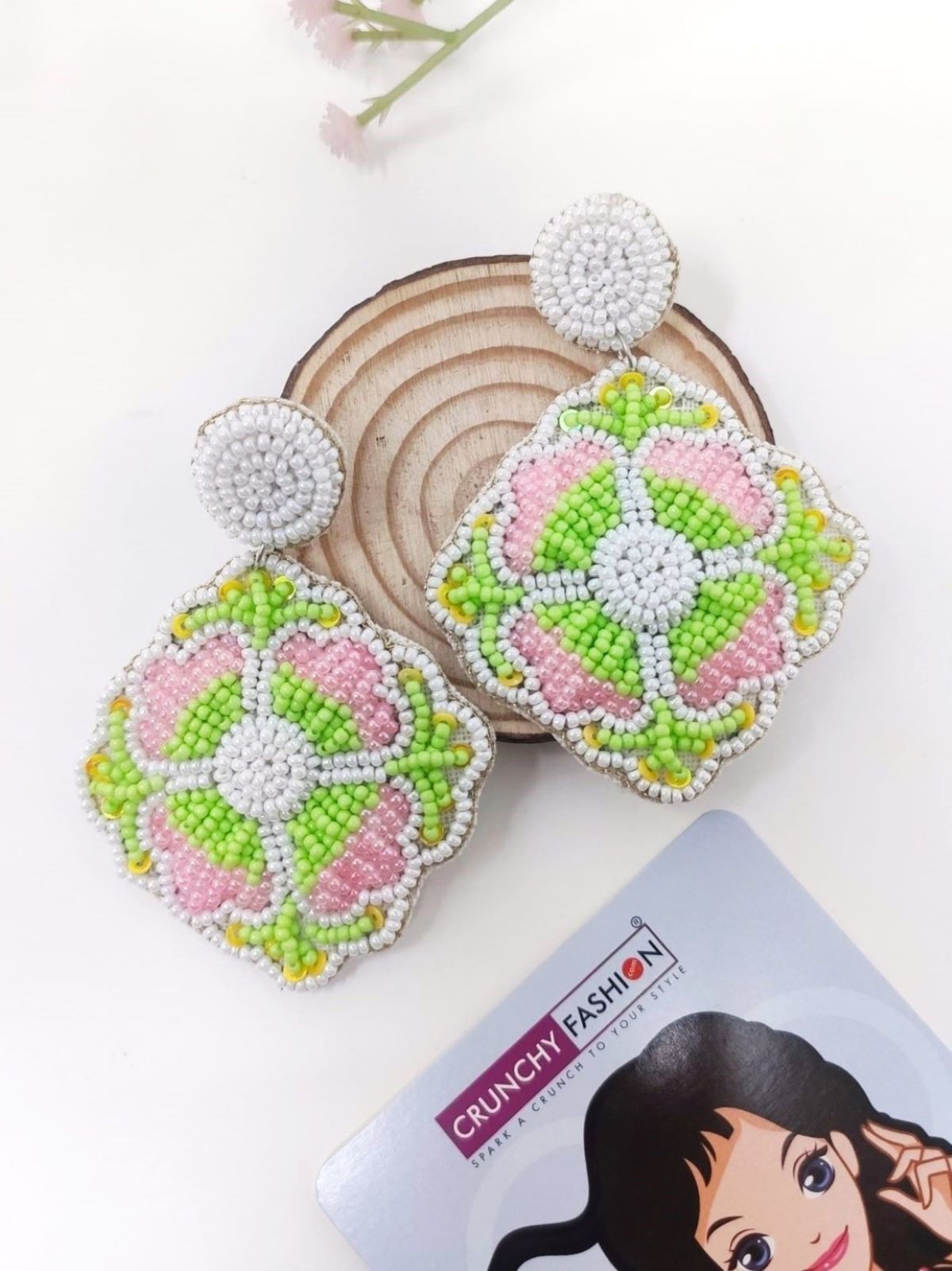 Vibrant Pink-Green Handmade Beaded Flower Earrings for Festive Celebrations