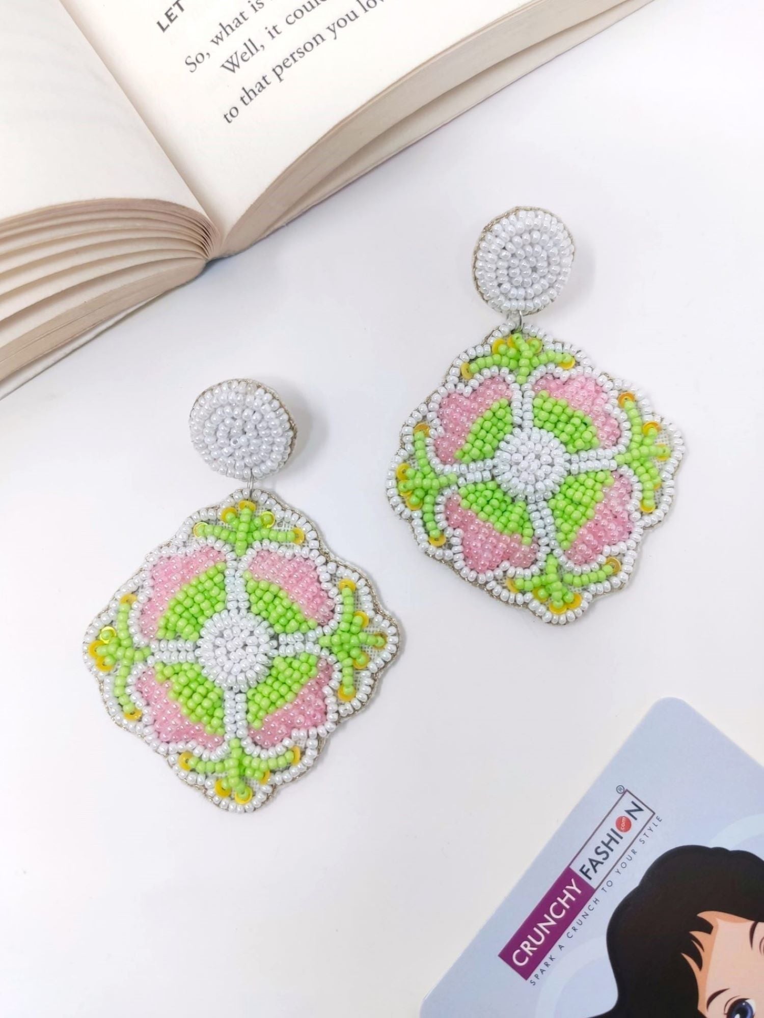 Vibrant Pink-Green Handmade Beaded Flower Earrings for Festive Celebrations