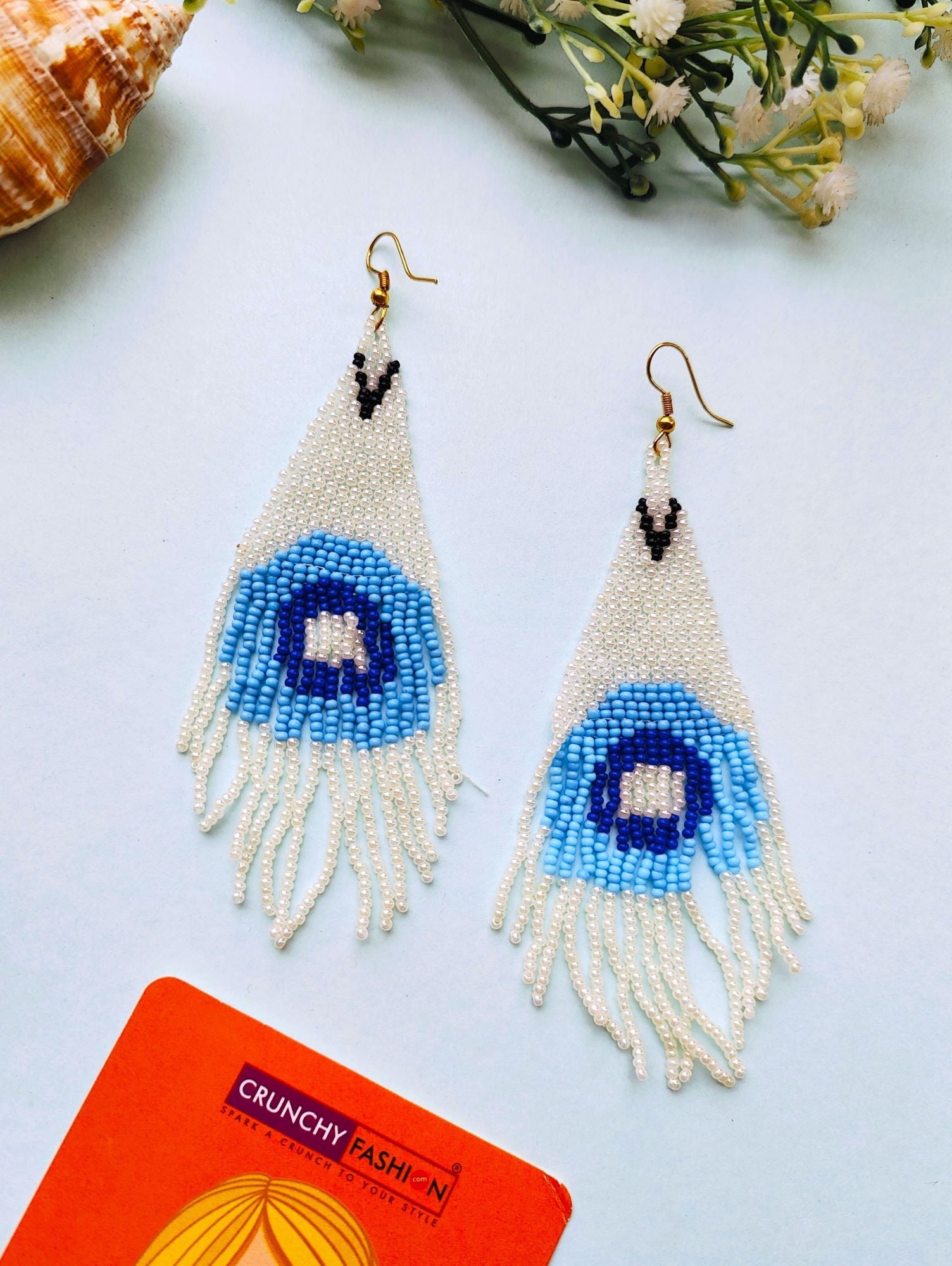 Peacock Plume - Handcrafted White-Blue Beaded Tassel Earrings