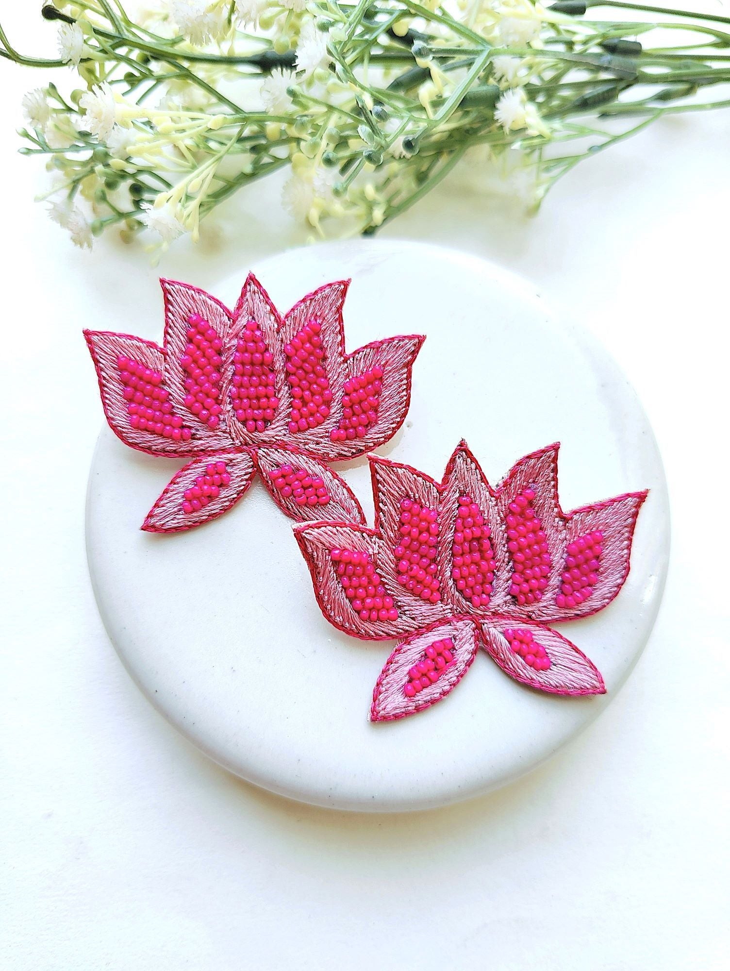 Handmade pink lotus beaded stud earrings for women and girls, ideal for festival, wedding, engagement, or party