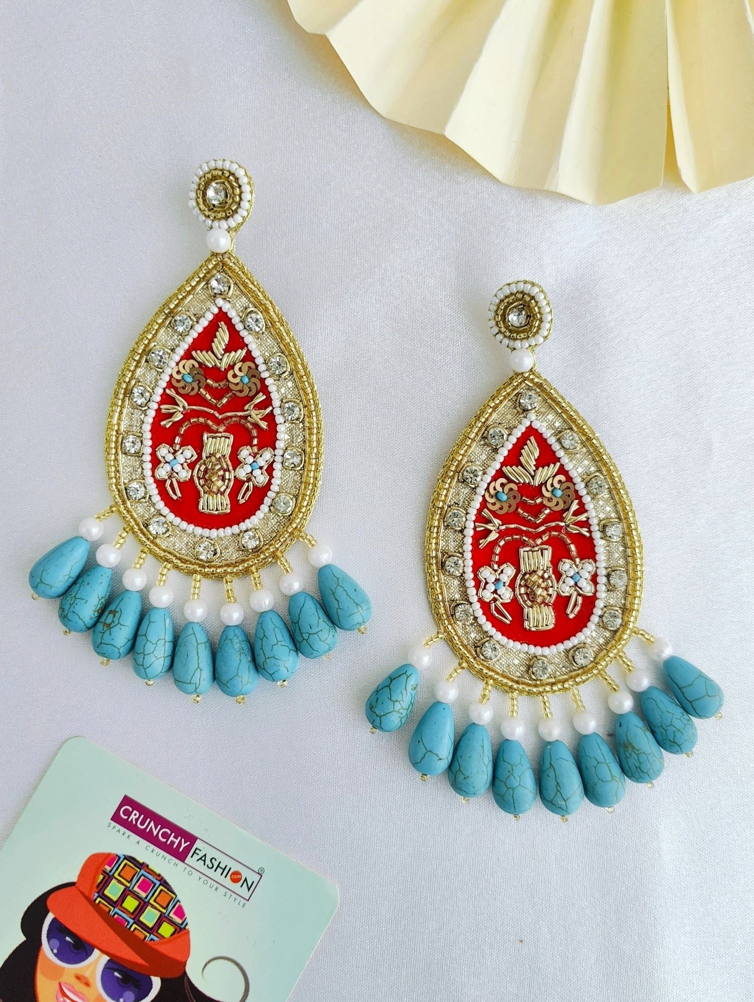Antique pink-sky blue beaded handmade earrings for party, drop and dangler style for pierced ears