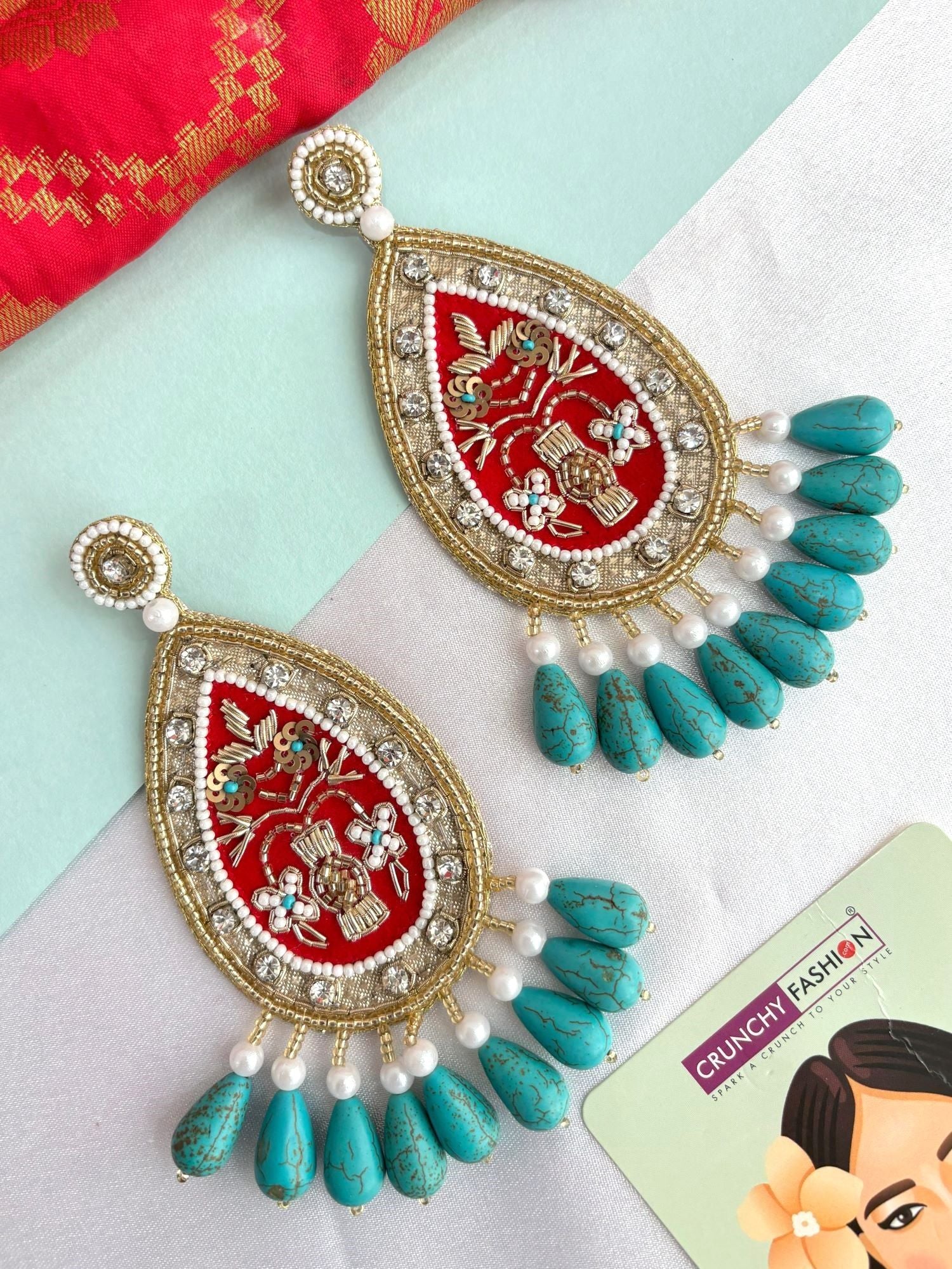 Antique pink-sky blue beaded handmade earrings for party, drop and dangler style for pierced ears