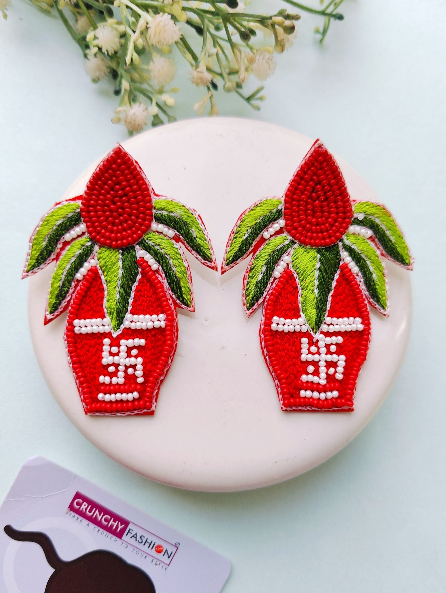 Handmade beaded drop and dangler earrings with Red-Green Kalash design in red color, ideal for women and girls for daily use, festivals, and special occasions.