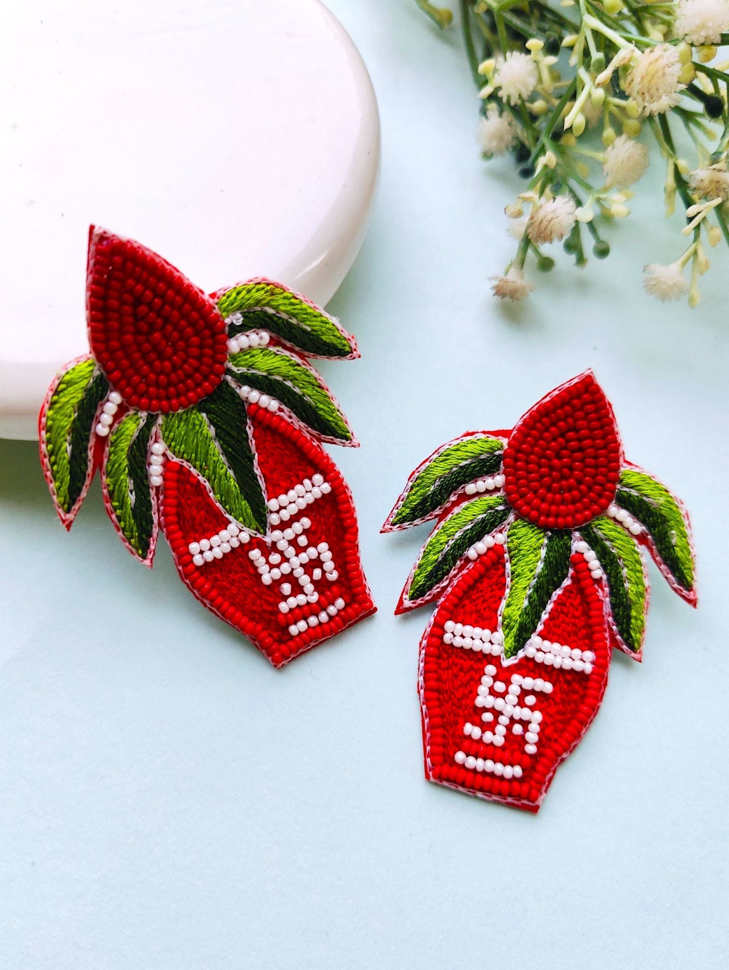 Handmade beaded drop and dangler earrings with Red-Green Kalash design in red color, ideal for women and girls for daily use, festivals, and special occasions.