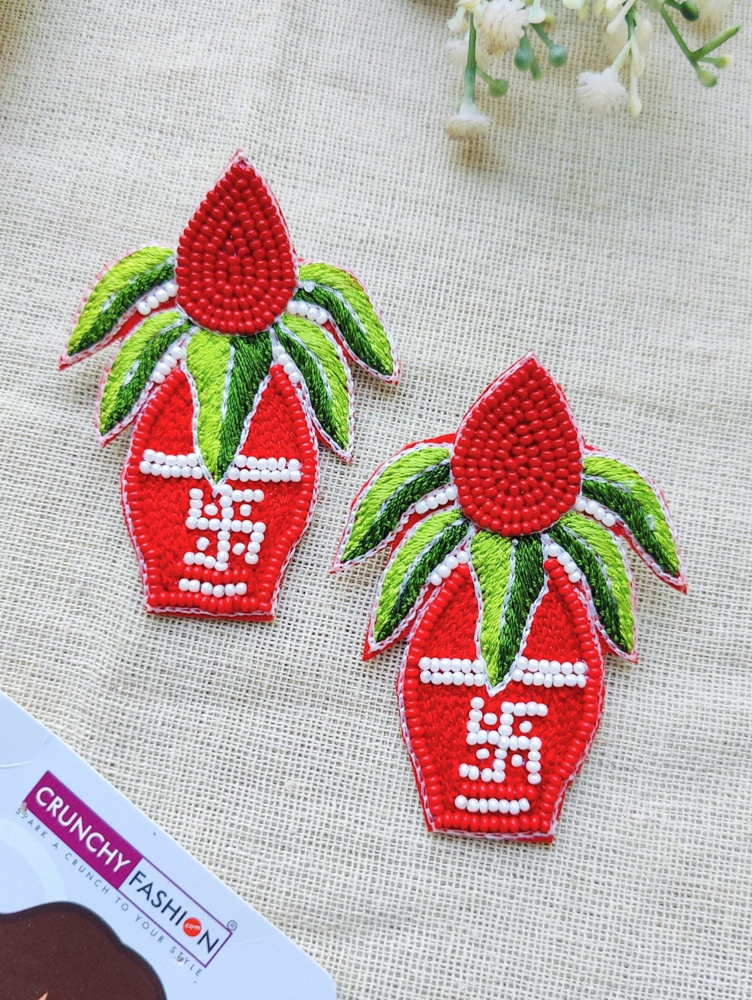 Handmade beaded drop and dangler earrings with Red-Green Kalash design in red color, ideal for women and girls for daily use, festivals, and special occasions.