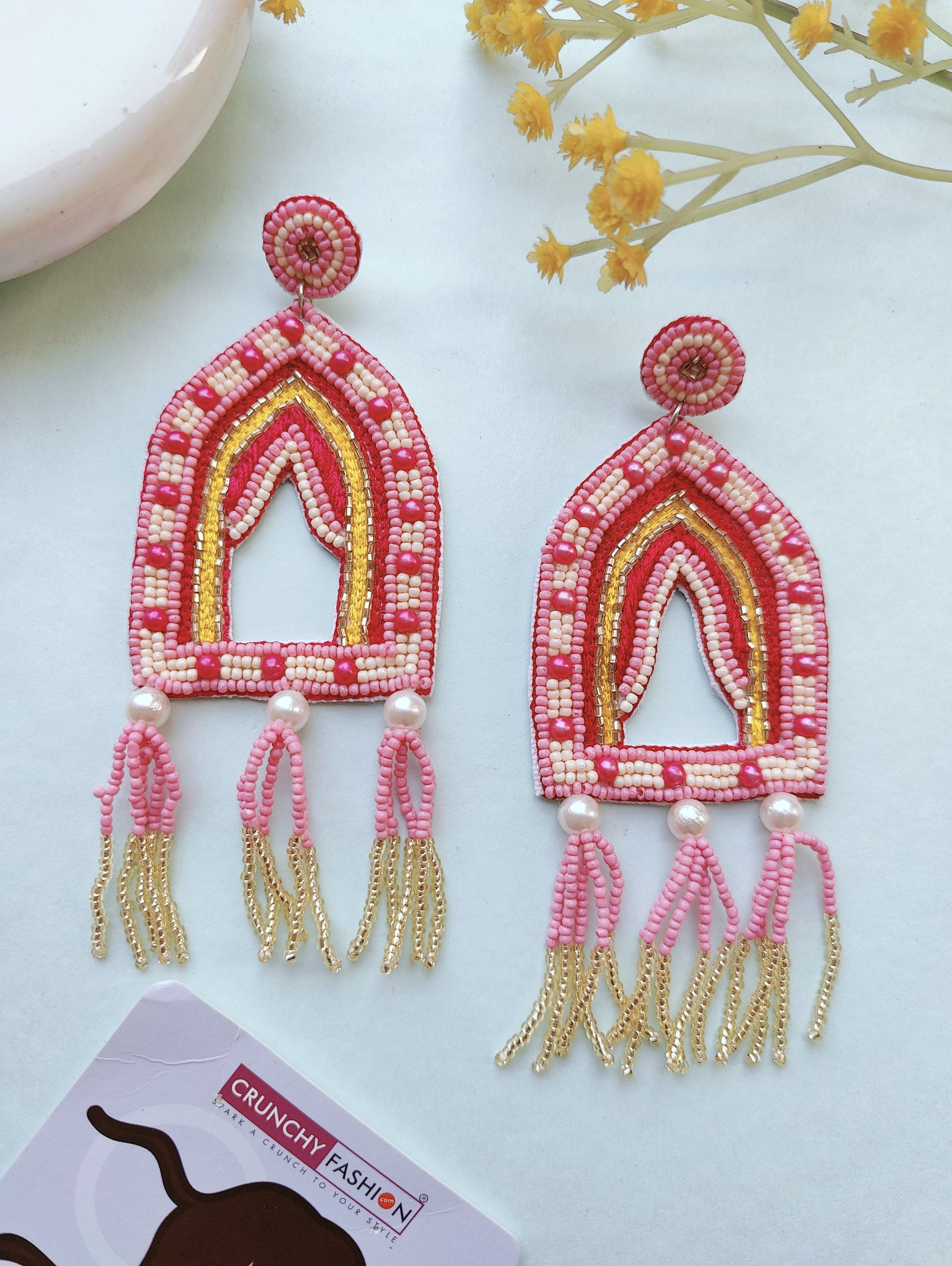 Handmade antique pink drop and dangler earrings with beaded detailing, ideal for women and girls.