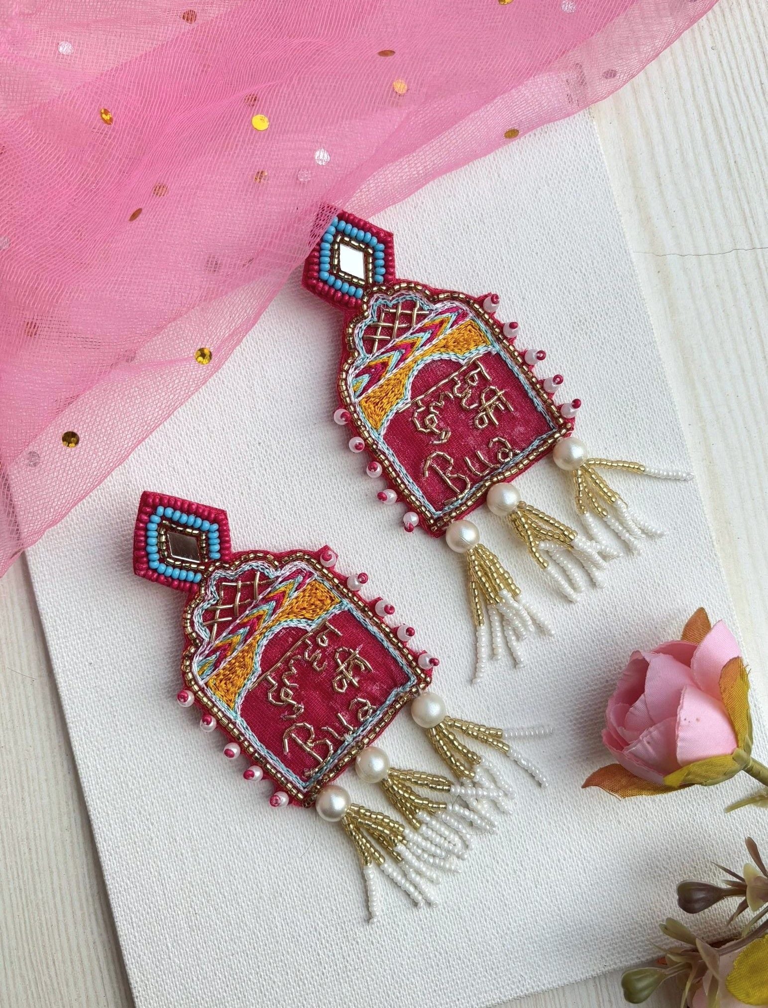 Pink beaded handmade jewellery, drop and dangler earrings ideal for wedding occasion