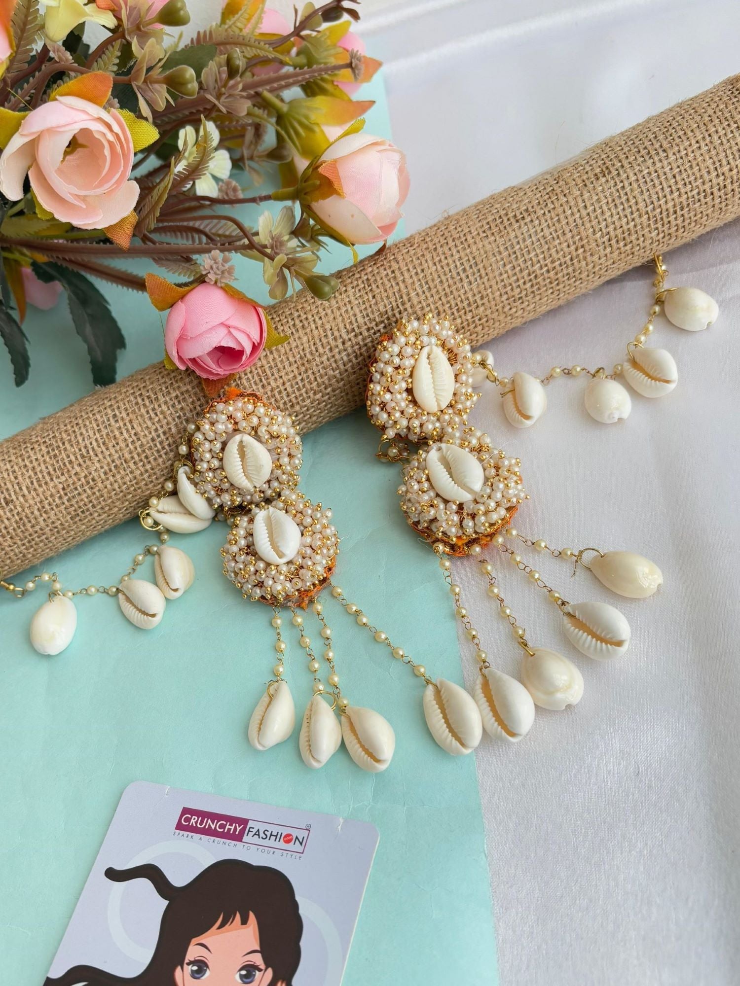 Golden Flower Design Beaded Handmade Earrings for Haldi Mehndi