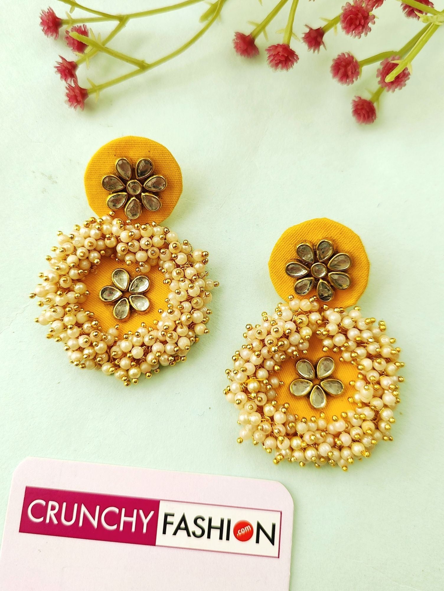 Handcrafted yellow fabric earrings with beaded floral design, ideal for haldi, mehandi, and parties